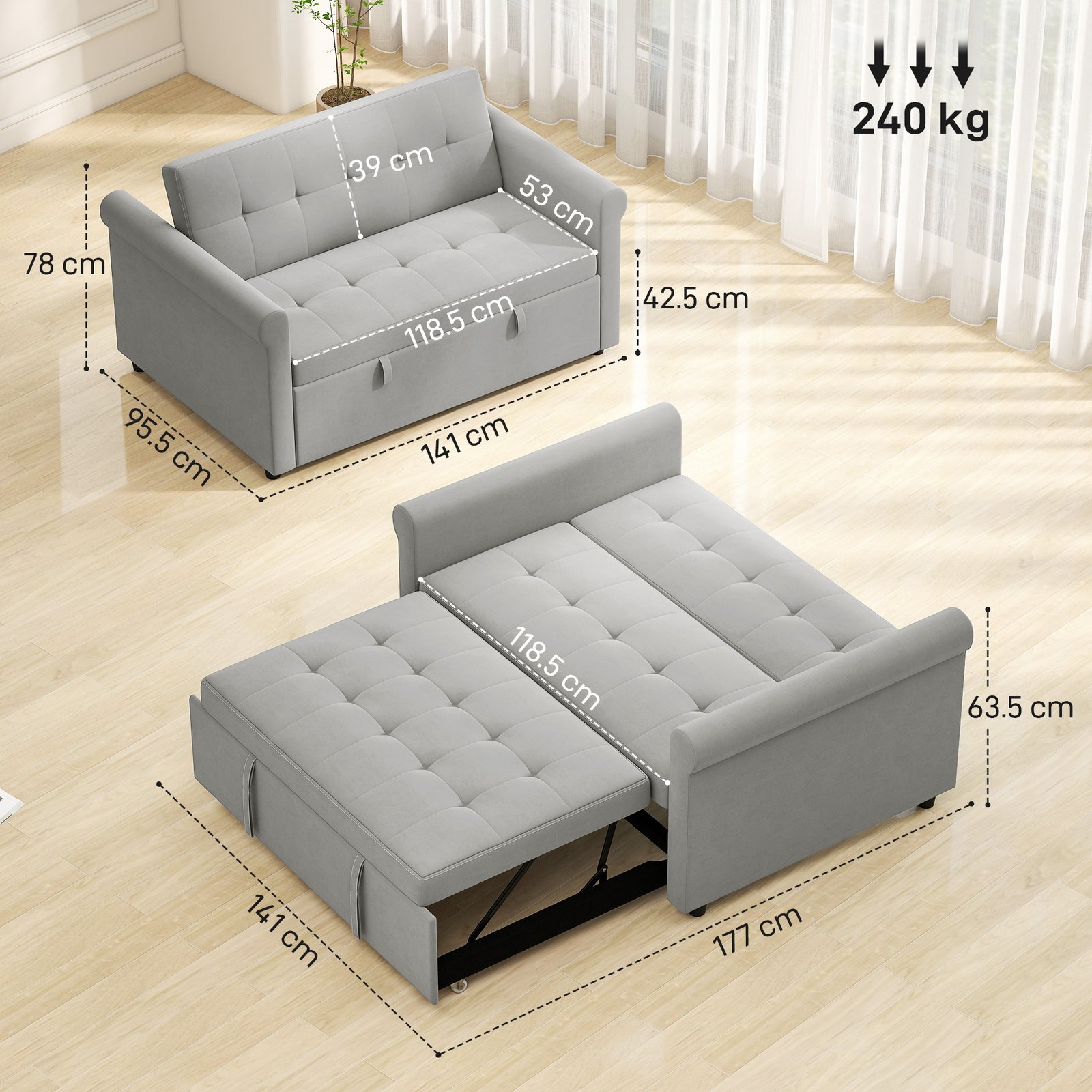HOMCOM Two-Seater Velvet-Feel Sofa Bed - Grey - Image 3