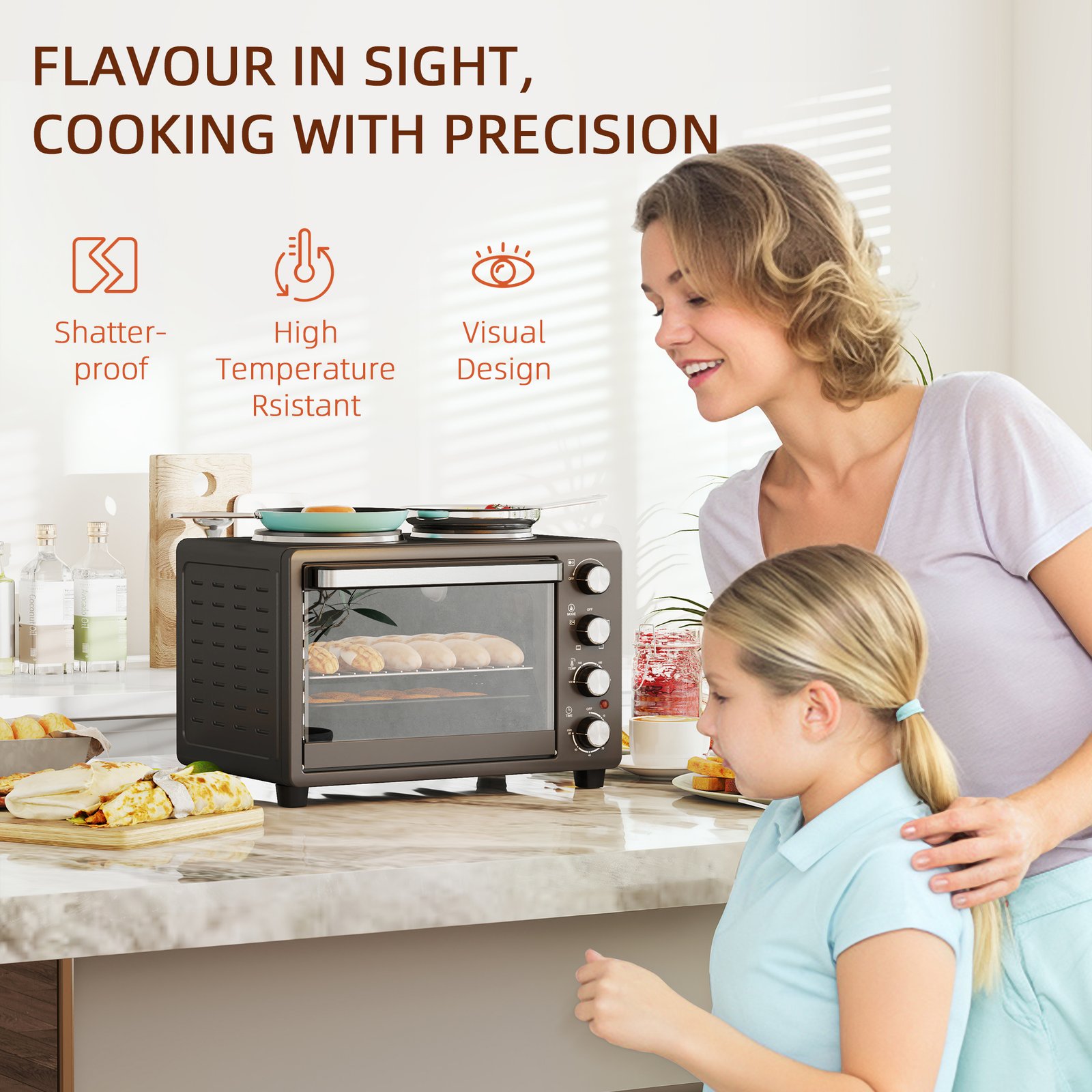 HOMCOM 28L Mini Oven with 2 Hot Plates, Countertop Toaster Oven, Grill, Roast, Bake, Boil, with Timer, Adjustable Temperature, Electric Oven with Baking Tray, Grill Rack, Crumb Tray, 2600W, Black - Image 9