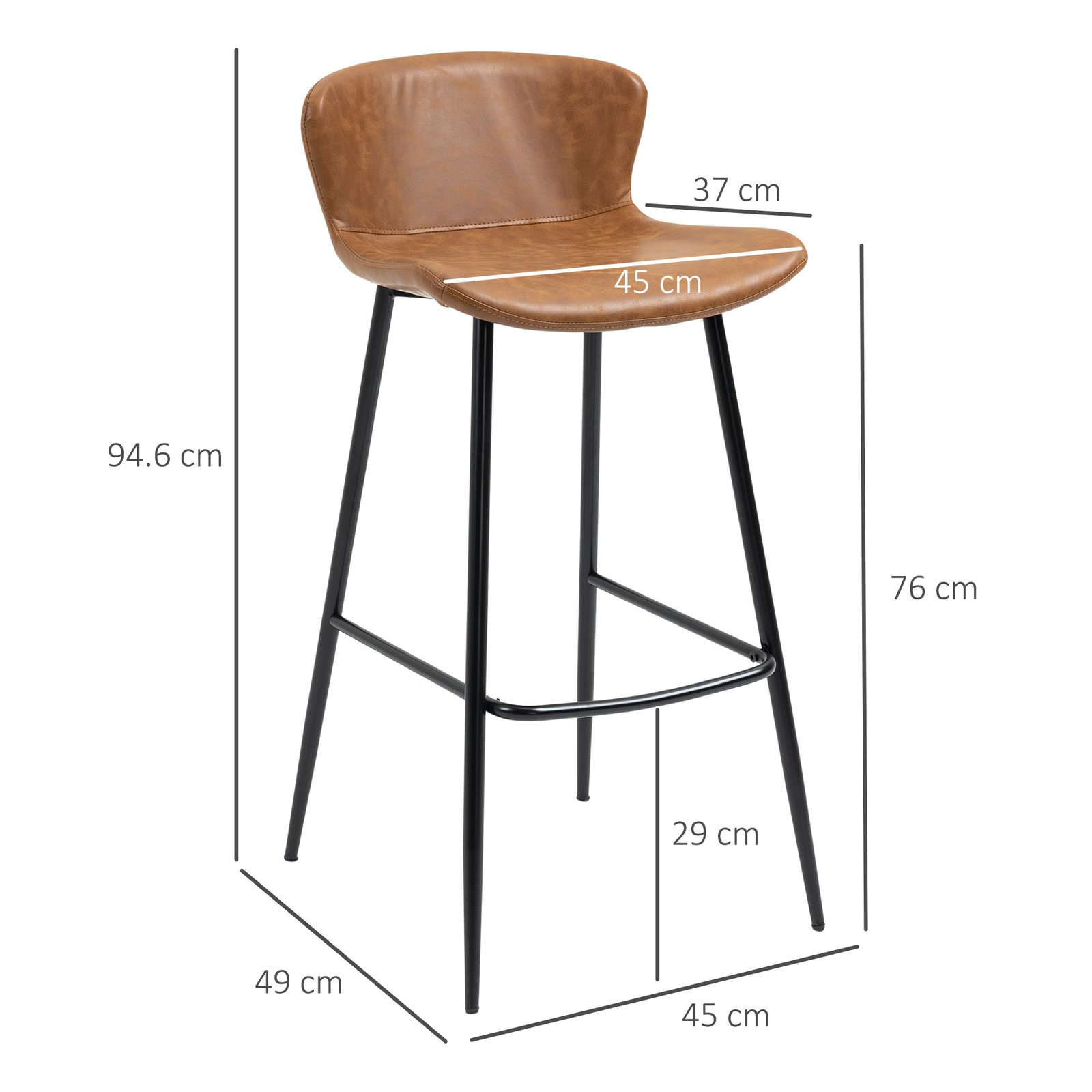 HOMCOM Bar Stools Set of 2, PU Leather Upholstered Bar Chairs, Breakfast Kitchen Counter Chairs with Backs, Steel Legs and Footrests for Dining Room, Brown - Image 3