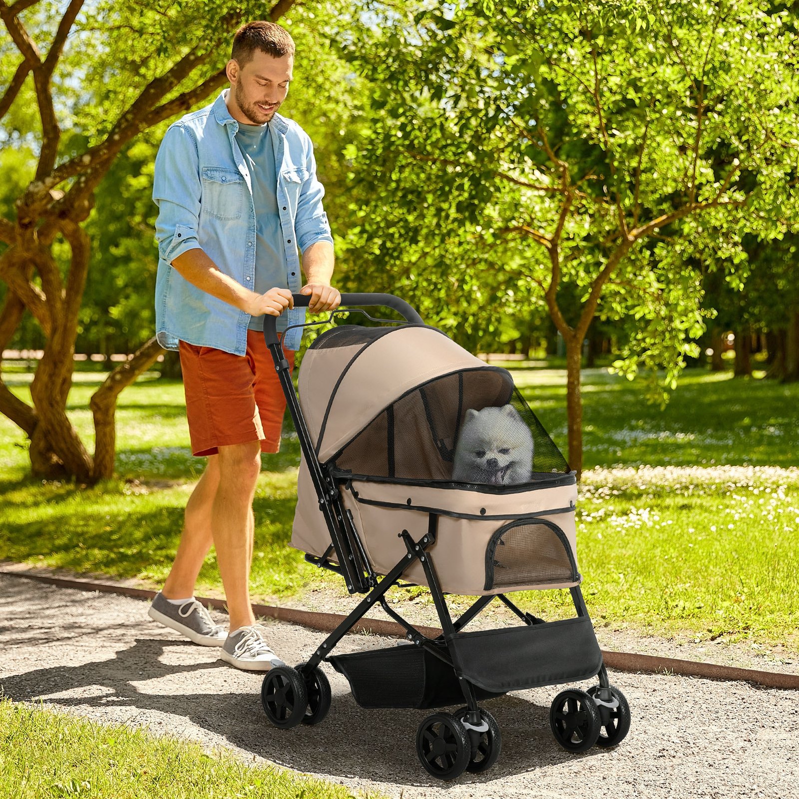 PawHut Pet Stroller Pushchair Foldable Travel Dog Cat Carriage w/ Reversible Handle Brake Basket - Image 2