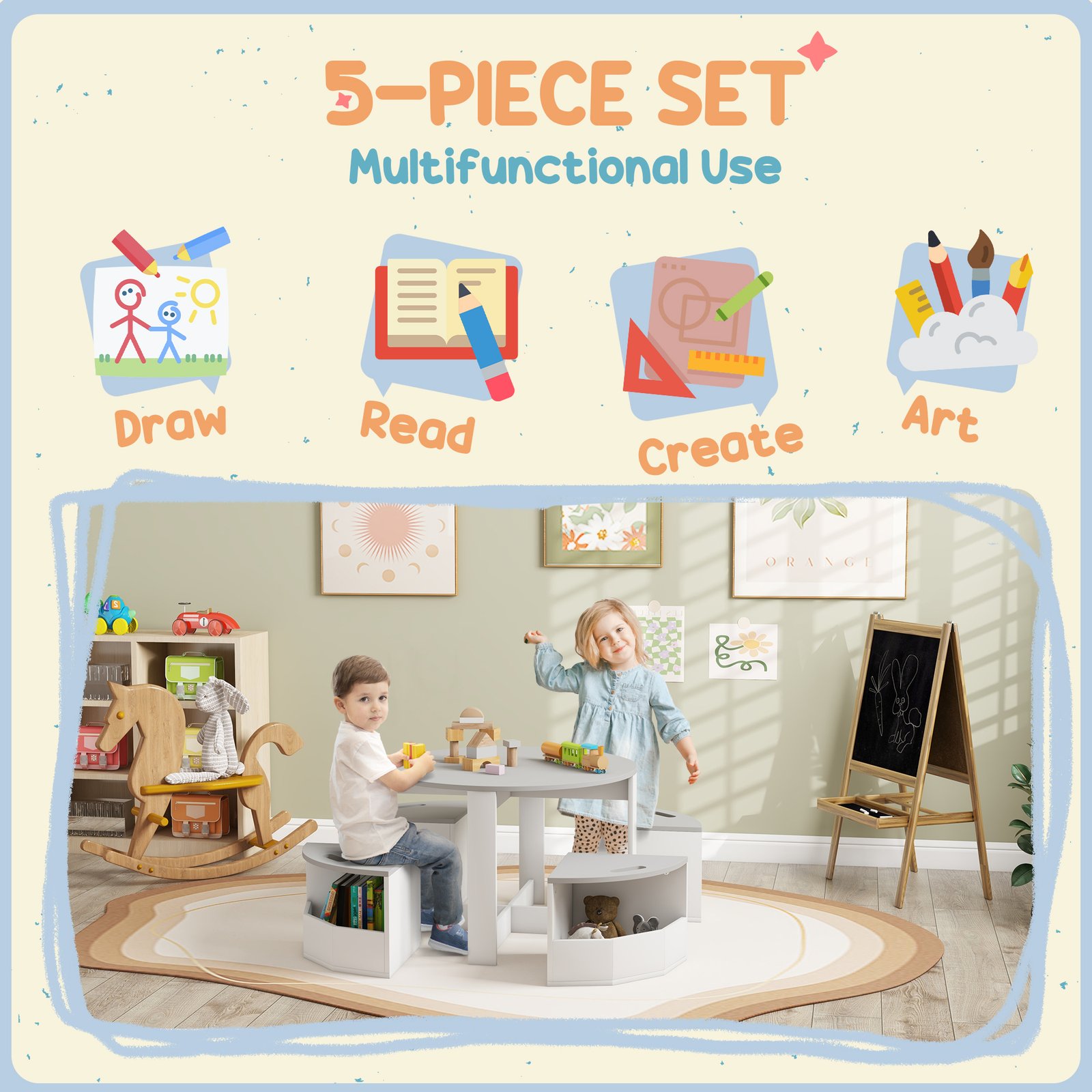 AIYAPLAY Five-Piece Kids Table and Chairs Set with Storage, for Ages 3-8 Years, Grey - Image 4