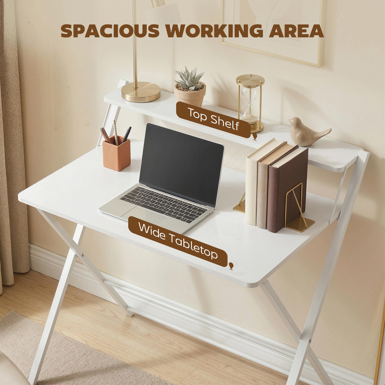 HOMCOM Compact Folding Desk for Small Spaces with Storage Shelf for Home Office, White - Image 5