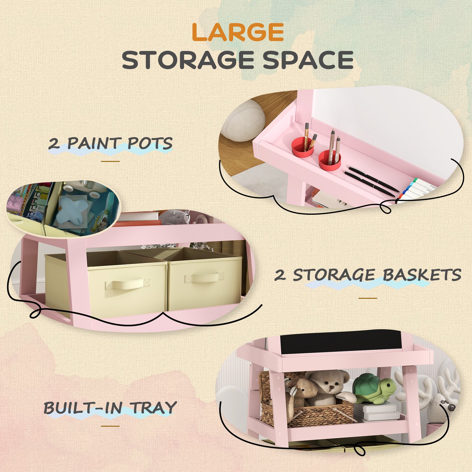 AIYAPLAY 3 in 1 Kids Easel Double-Sided Magnetic Whiteboard and Chalkboard with Paper Roll, Storage Baskets - Pink - Image 5