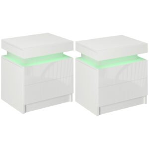 HOMCOM Set of 2 White Bedside Tables with LED Lights, High Gloss Front Nightstands with 4 Drawers