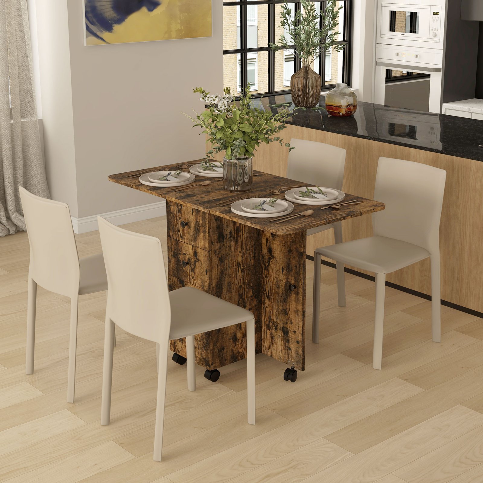 HOMCOM Multi-Storage Six-Person Drop Leaf Dining Table - Rustic Brown - Image 2