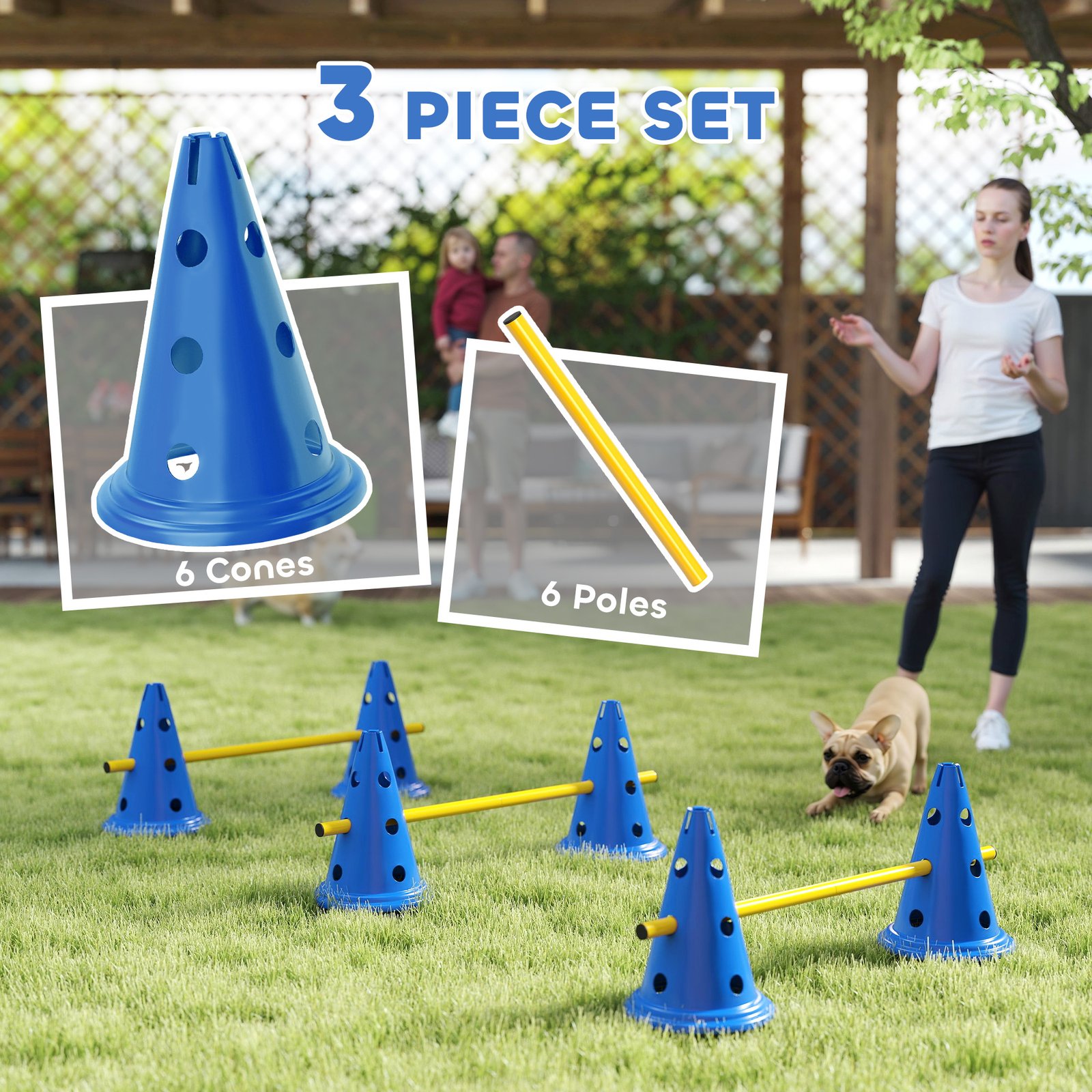 PawHut Dog Agility Equipment Set of Six Cones, Six Poles with Carry Bag, Three-Piece Adjustable Height Jumping Obstacles, Blue - Image 4