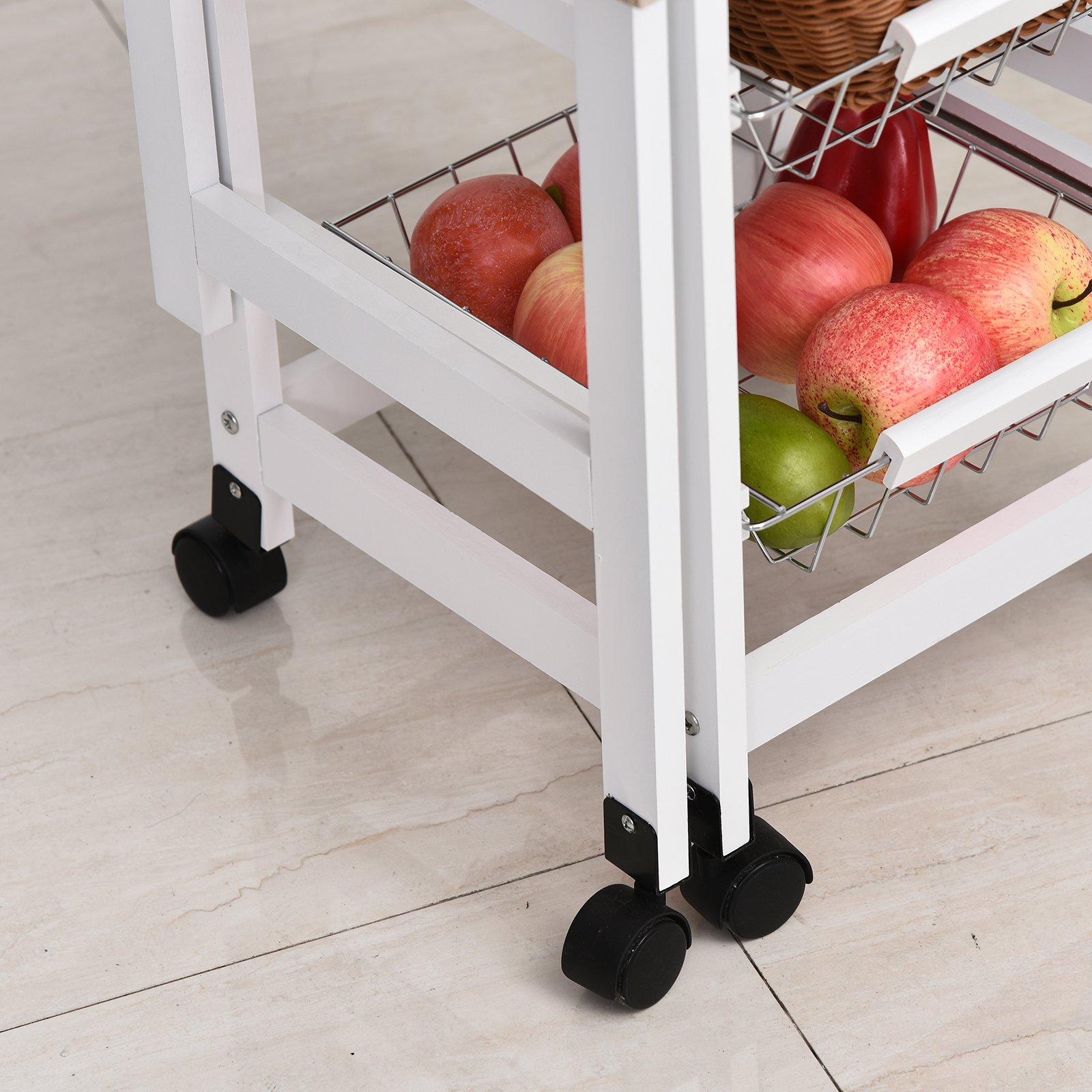 HOMCOM Drop-Leaf Kitchen Cart Trolley w/ 3 Baskets Drawer Surface Top 6 Universal Wheels Rolling Storage Unit Kitchen Home Dining Island White Oak Tone - Image 9