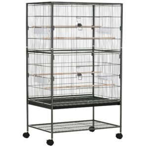 PawHut Large Bird Cage Budgie Cage for Finch Canaries Parakeet with Rolling Stand, Slide-out Tray, Storage Shelf, Food Containers, Dark Grey