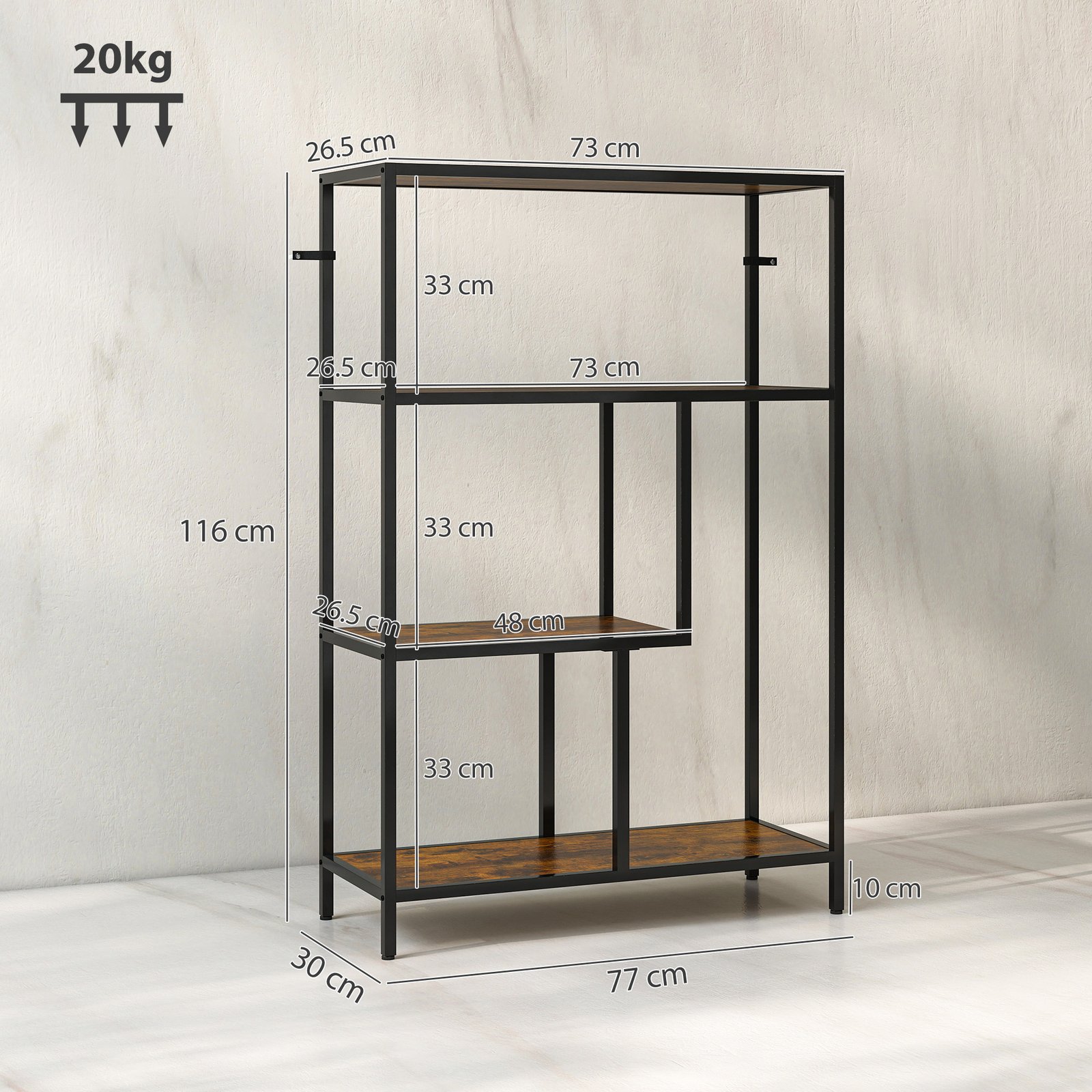 HOMCOM 4-Tier Bookshelf with Open Shelves - Rustic Brown - Image 3