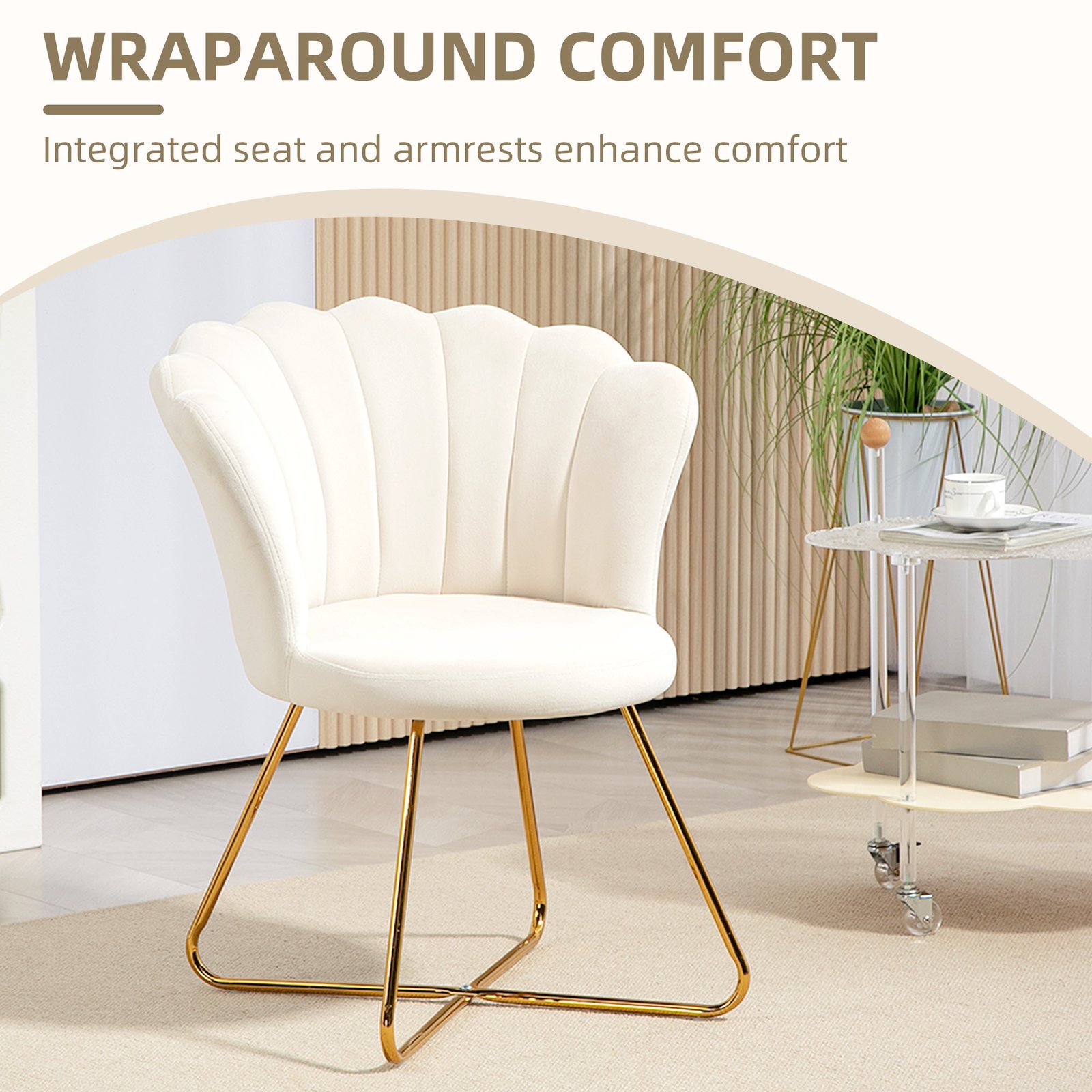 HOMCOM Velvet-Feel Lotus Petal Accent Chair - Cream - Image 4