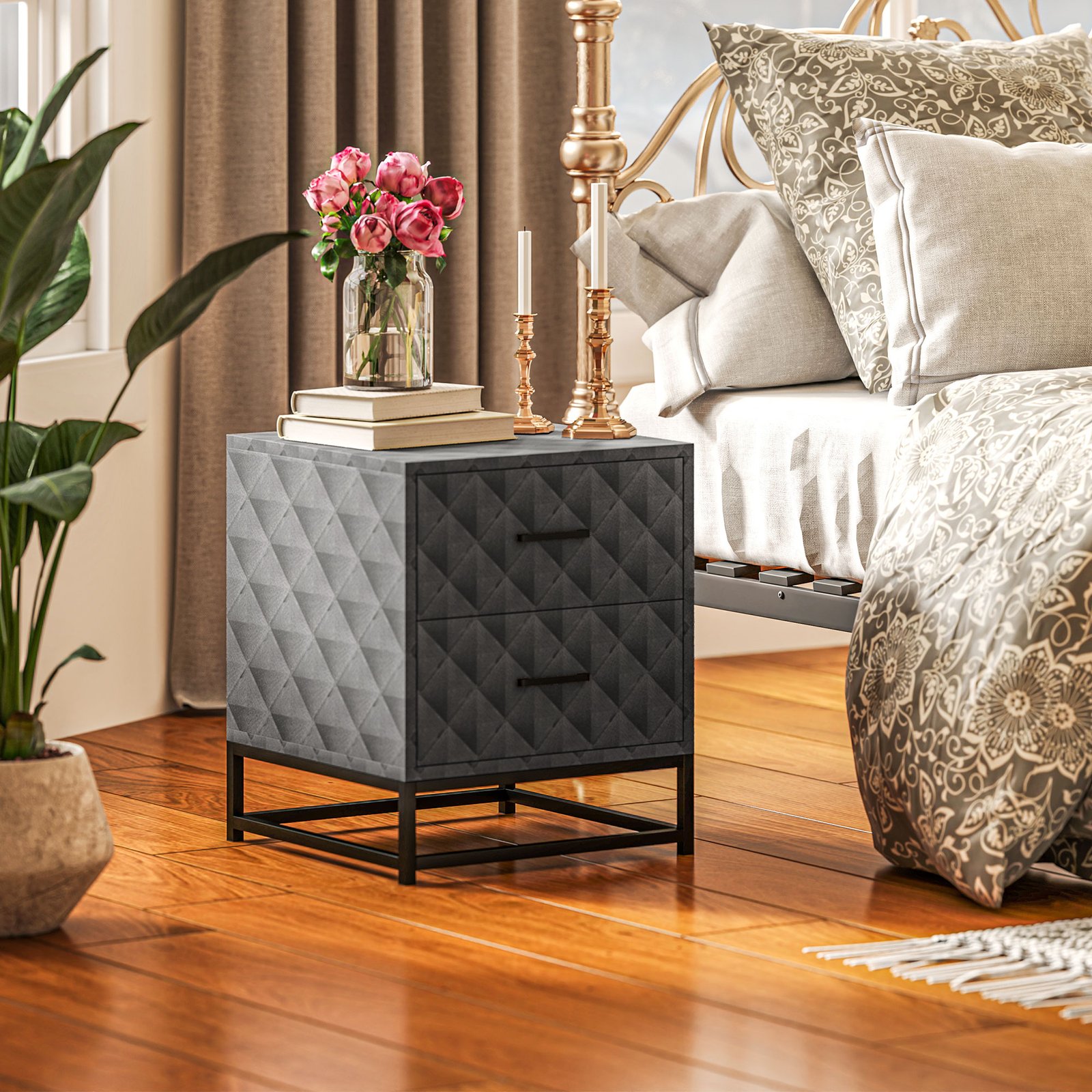 HOMCOM Bedside Tables Set of 2, Modern Bedside Table Nightstand with 2 Drawers, Bedside Cabinet Sofa Side Table with Storage, Steel Legs for Bedroom, Living Room, Grey - Image 8