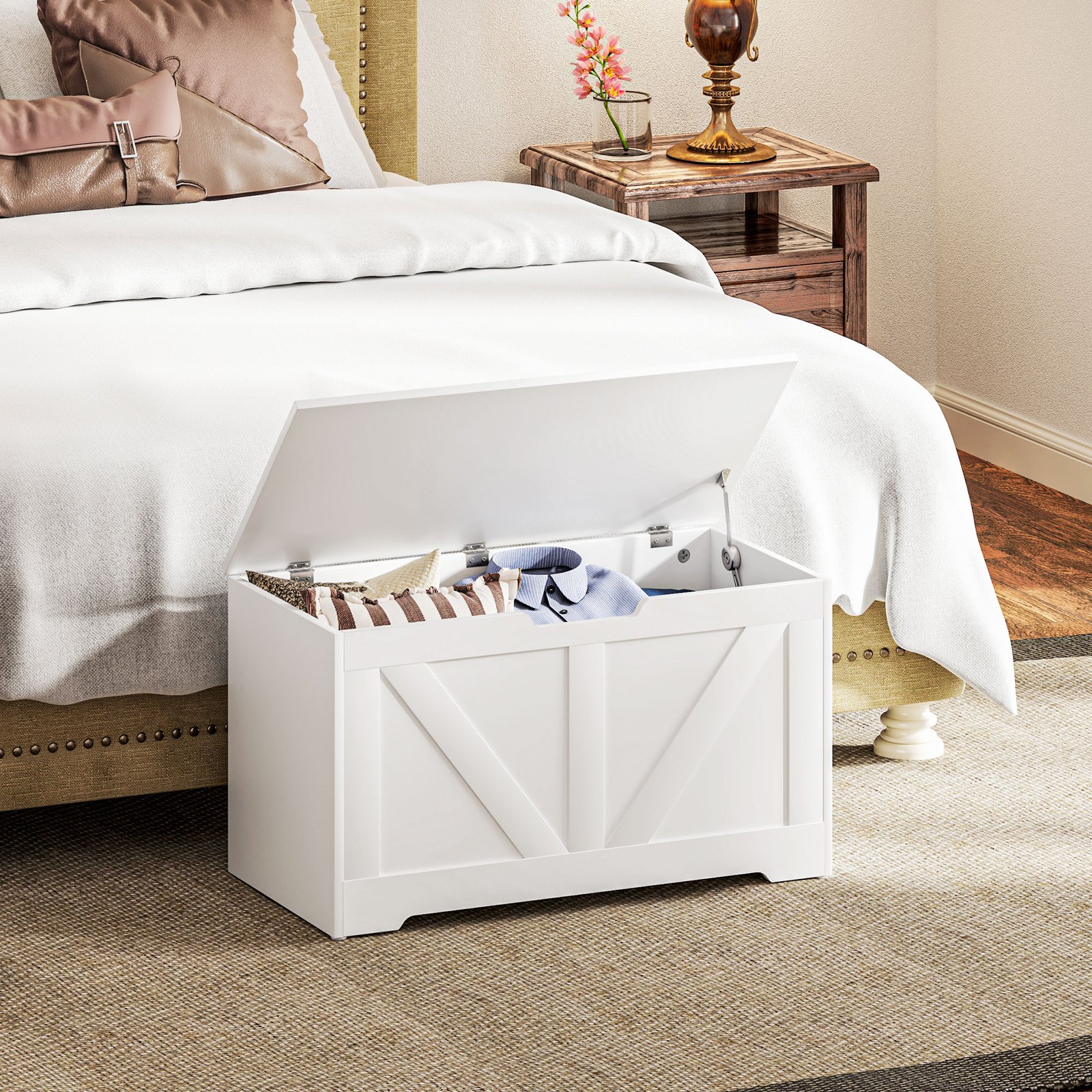 HOMCOM 100L Home Storage Box, with Safety Hinges - White Wood-Effect - Image 8