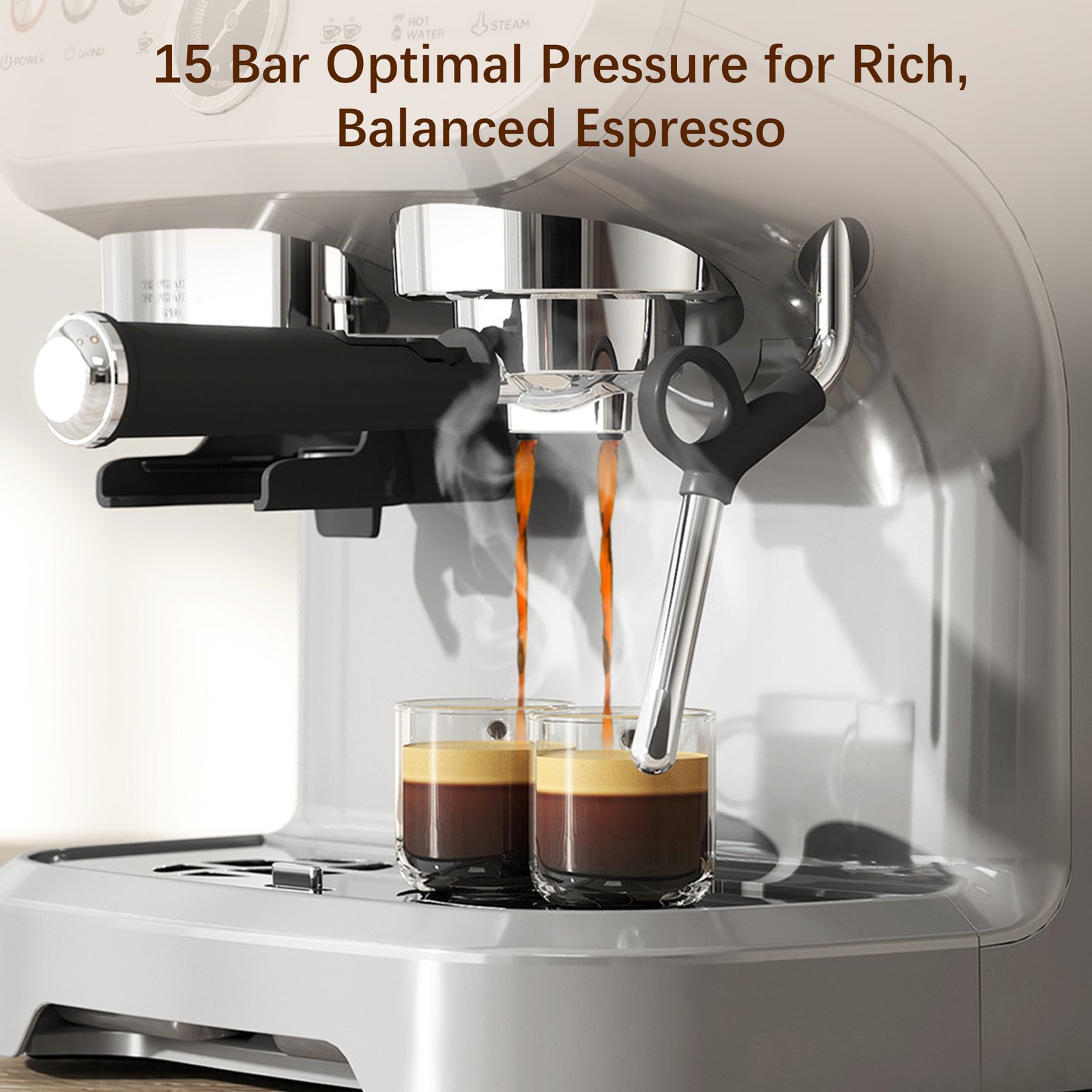 HOMCOM 15 Bar Coffee Machine with 15 Adjustable Grind Setting, Steamer and Complete Kit - Silver Colour - Image 8