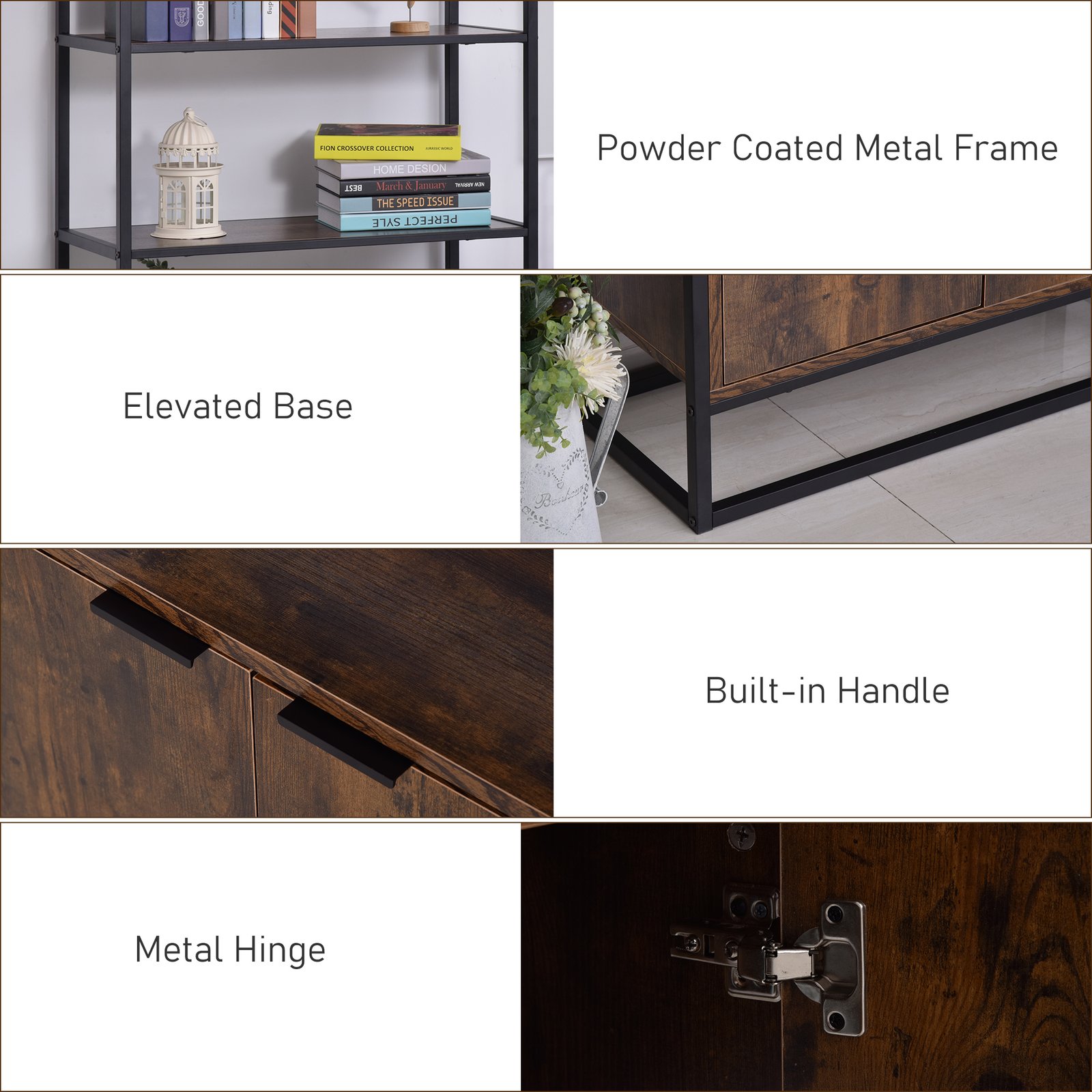 HOMCOM Industrial Bookshelf, Storage Shelf, Large Bookcase with 3 Open Shelves, Multifunctional Rack for Living Room, Office, Rustic Brown and Black - Image 6
