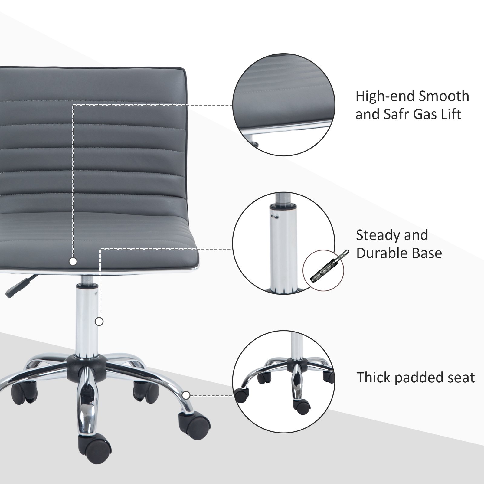 HOMCOM Armless Task Desk Chair, Swivel Office Chair with Faux Leather, Adjustable Seat Height, Chrome Base, Wheels for Home, Dark Grey - Image 7
