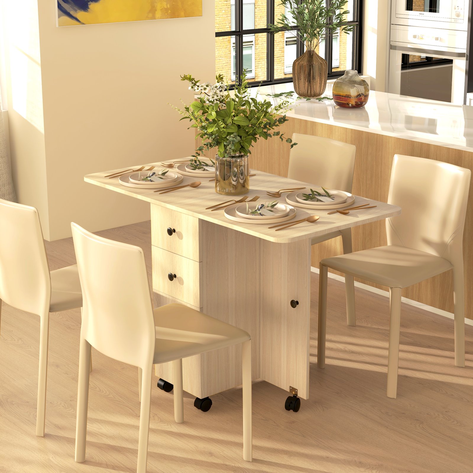 HOMCOM Six-Person Drop Leaf Dining Table, with Storage - Wood-Effect - Image 2