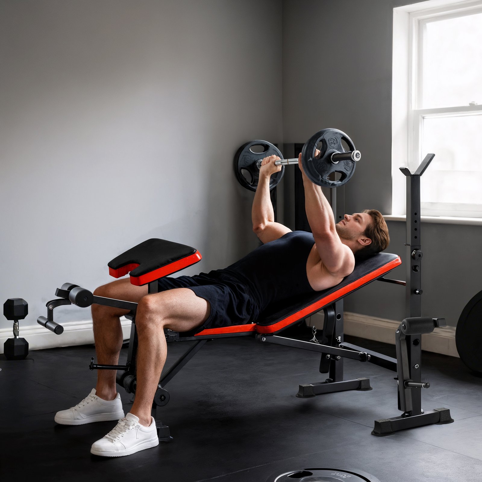 HOMCOM Adjustable Weight Bench with Leg Extension, Barbell Rack, Preacher Curl Pad, Butterfly, Multi-Function Home Gym Bench for Strength Training, Red - Image 2