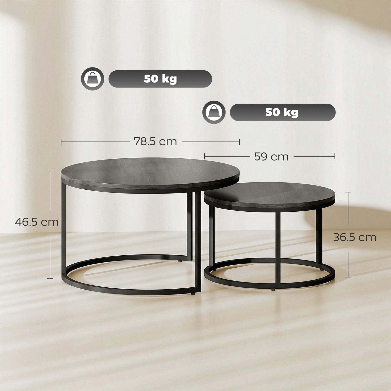 HOMCOM Set of Two Wood-Effect Stacking Tables - Black Wood Grain - Image 3