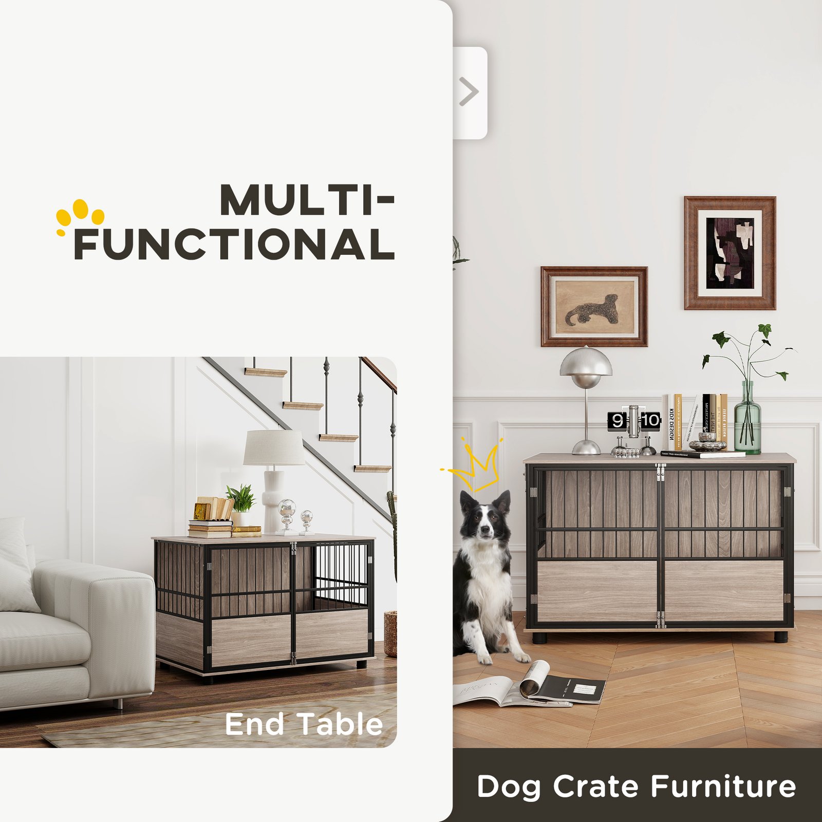 PawHut 100cm Furniture Style Dog Crate Dog Cage End Table Indoor with 3 Doors Soft Washable Cushion, for Large Sized Dogs - Image 6