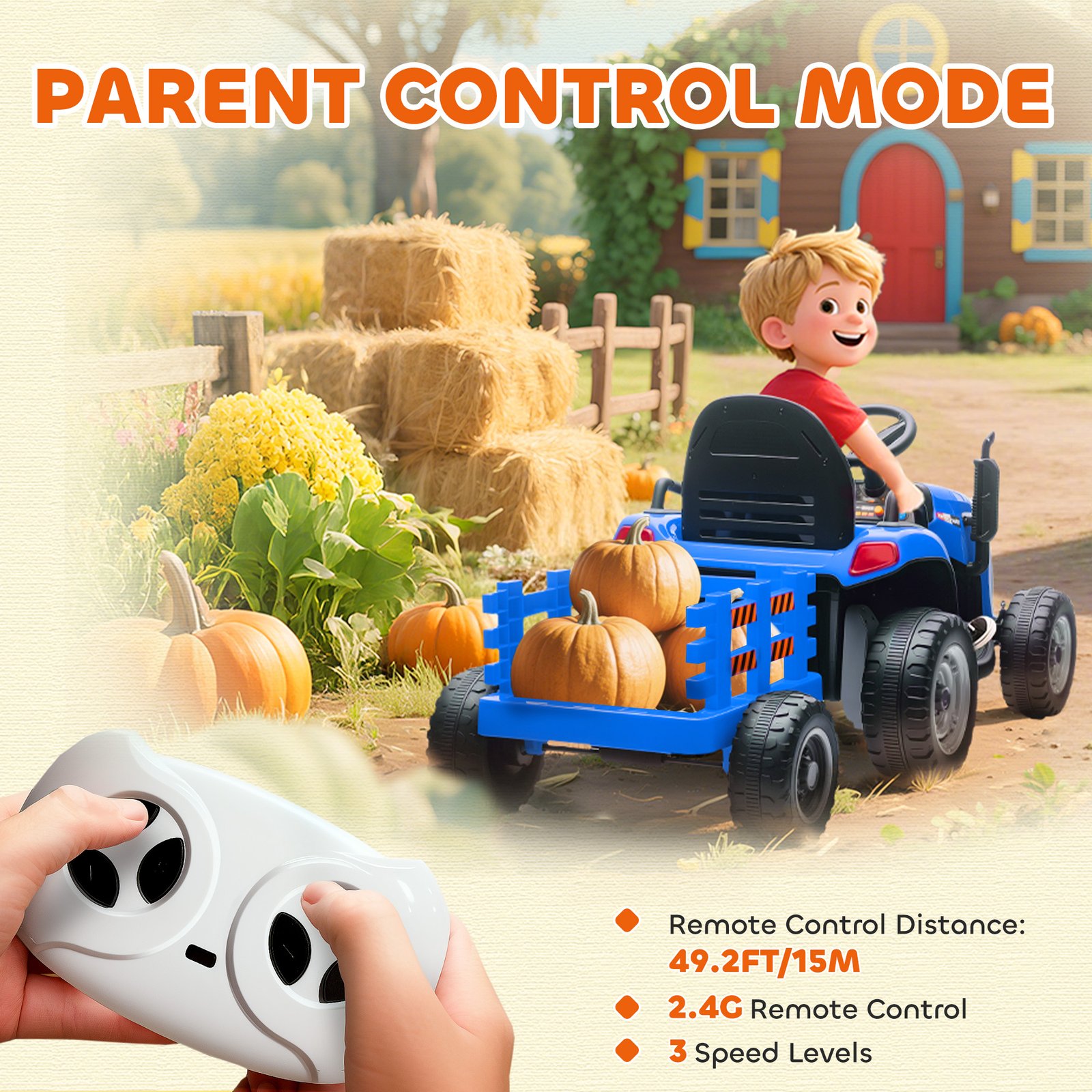 AIYAPLAY 12V Ride on Tractor and Trailer with Remote Control, Music, Shifter, Start-Up Sound, for Kids Ages 3-8 Years, Blue - Image 6