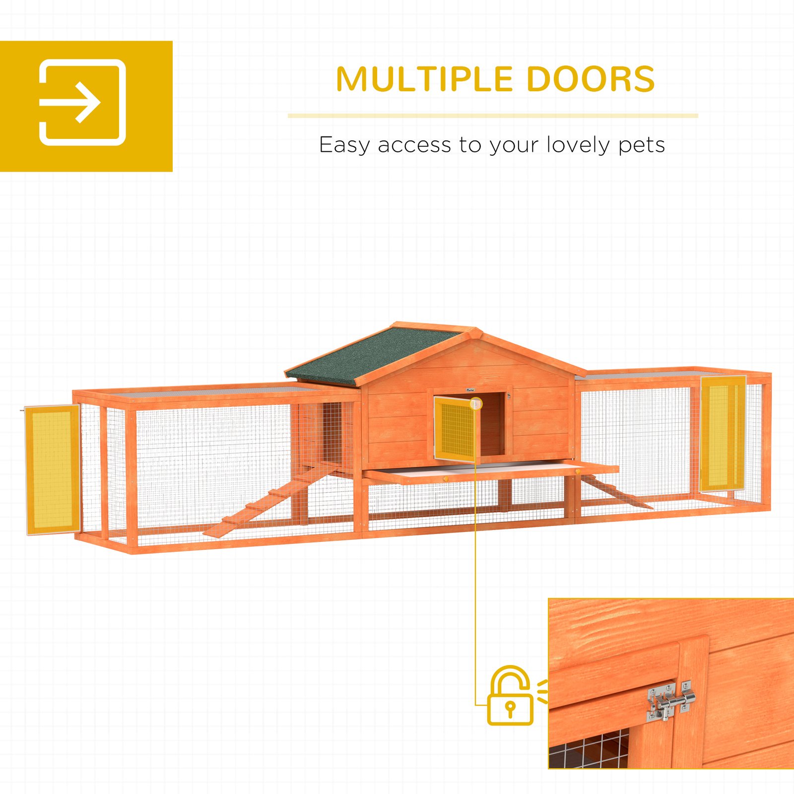 PawHut Wooden Rabbit Hutch with Run, Tray, Ramps, Asphalt Roof, 309 x 70 x 87cm, Orange - Image 5