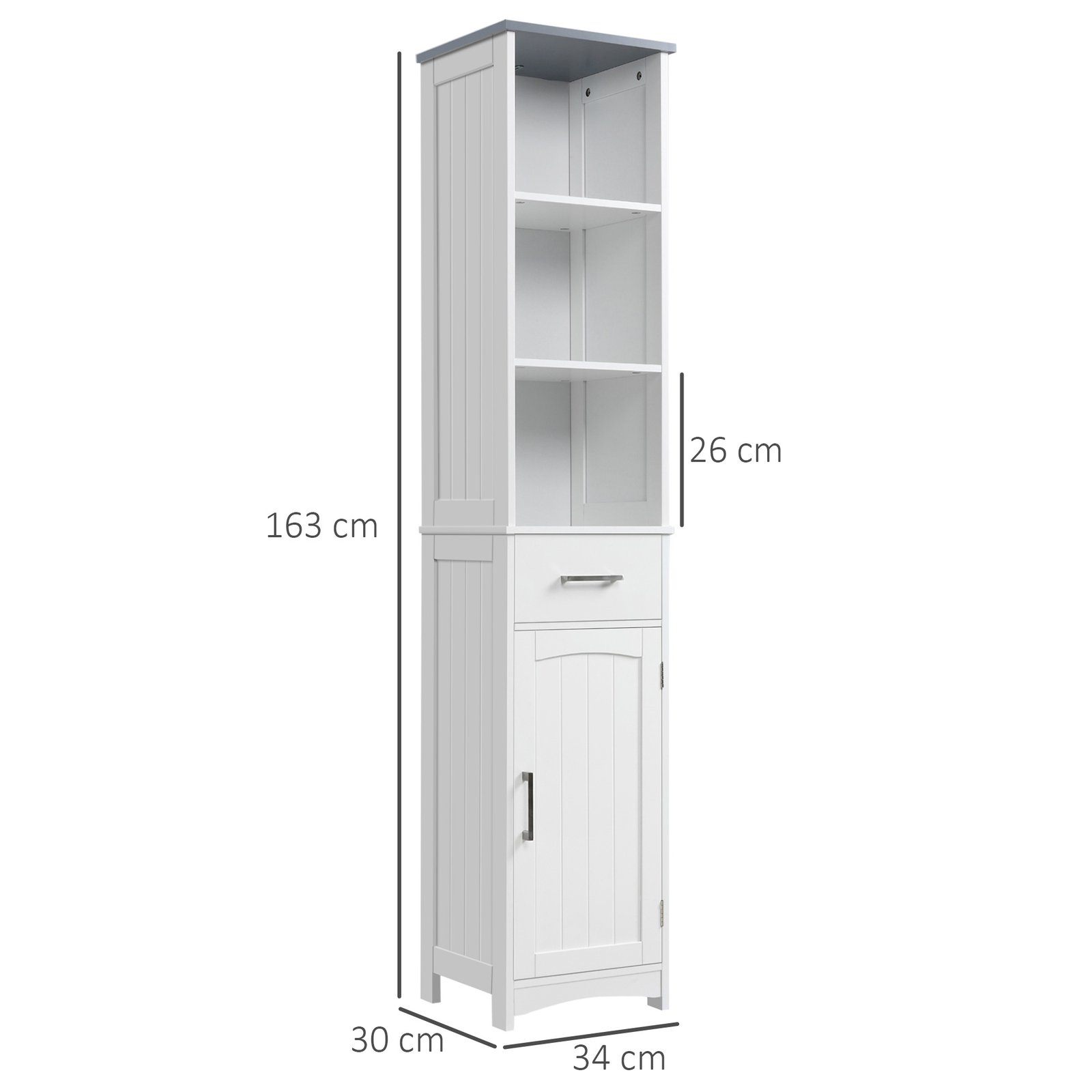 kleankin Tall Bathroom Storage Cabinet with 3 Tier Shelf, Cupboard, Drawer, Door, Freestanding Linen Tower, Slim Side Organizer, White - Image 3