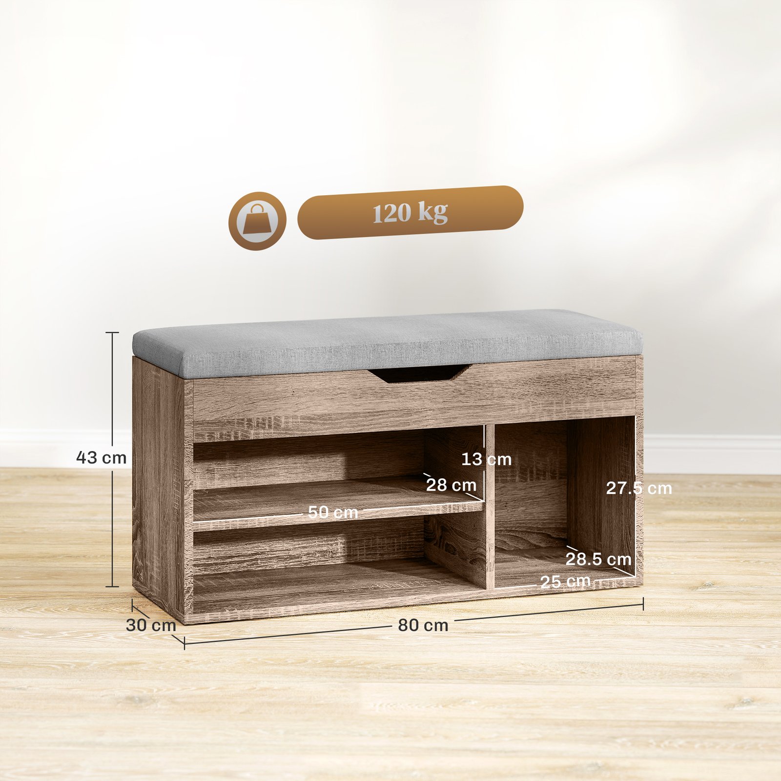 HOMCOM Shoes Cabinet Bench Hidden Storage Padded Seat Organiser Footwear Rack Hallway Grey Wood Grain - Image 3