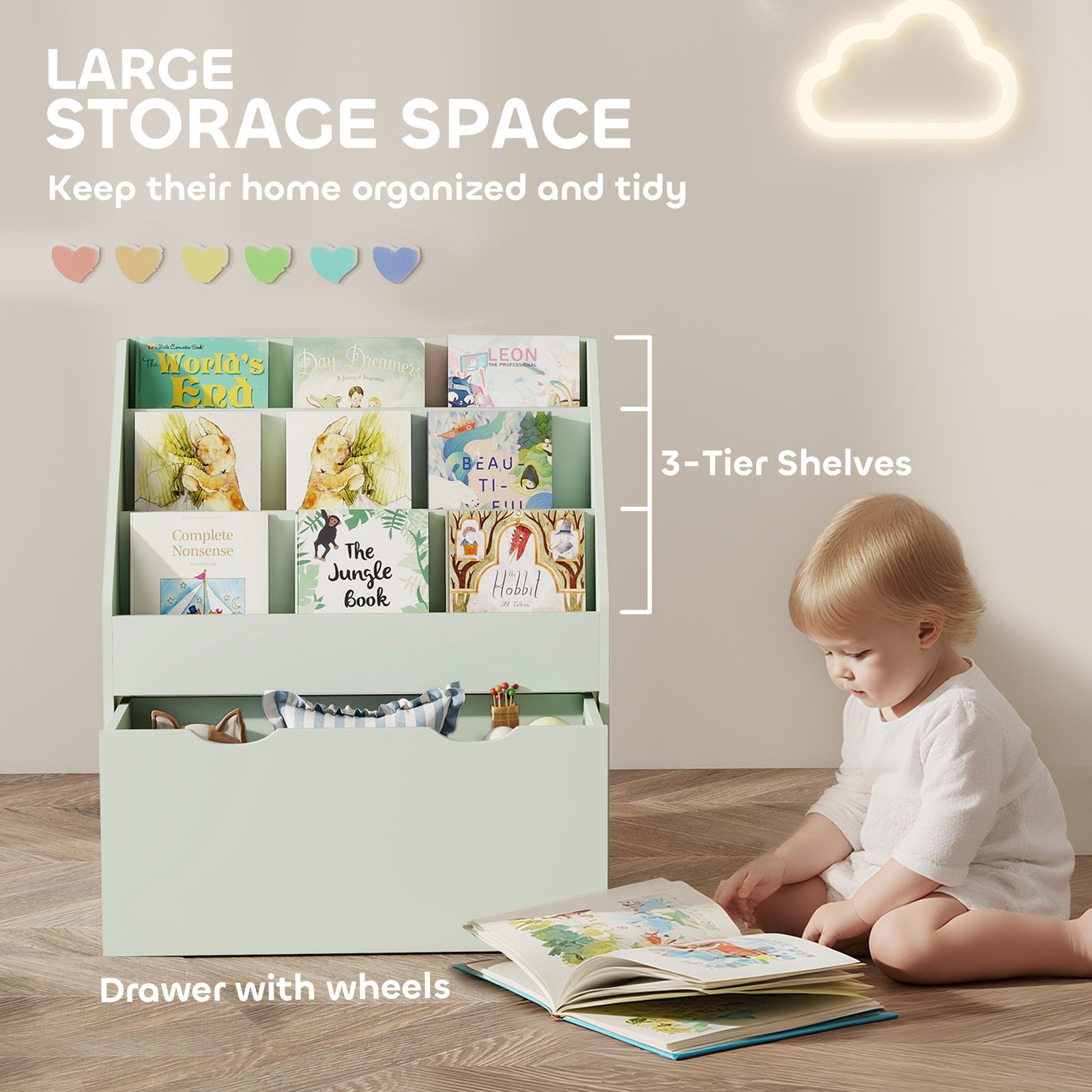 AIYAPLAY Bookcase for Kids with Shelves, Drawer, Bookcase for Bedroom, Playroom, Green - Image 4