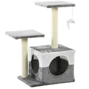 PawHut Cat Tree w/ Sisal Scratching Posts, House, Perches, Toy Mouse, Grey