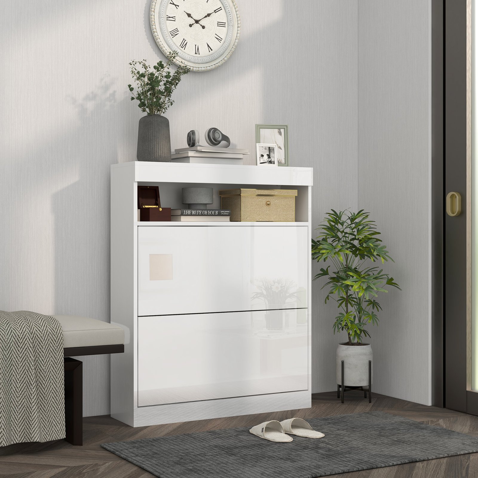 HOMCOM 16 Shoe Pair Storage Cabinet, with Flip Doors - High Gloss White - Image 2