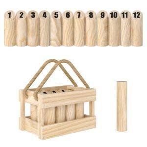 SPORTNOW Wooden Scatter Game Set, Numbered Skittles Throwing Game with 12 Skittles, 1 Throwing Pin and Carrying Box
