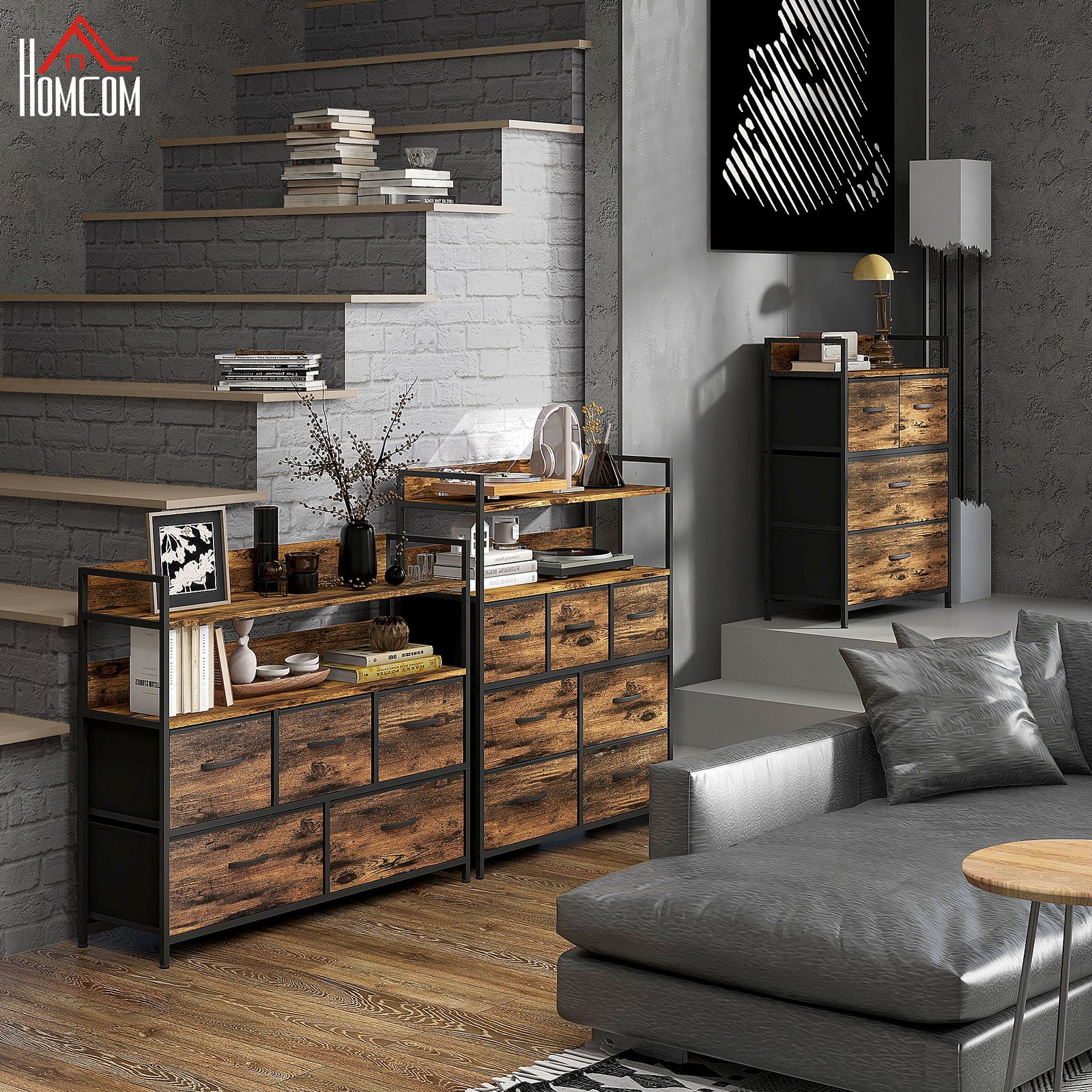 HOMCOM Rustic Chest of Five Fabric Drawers - Rustic Brown - Image 8