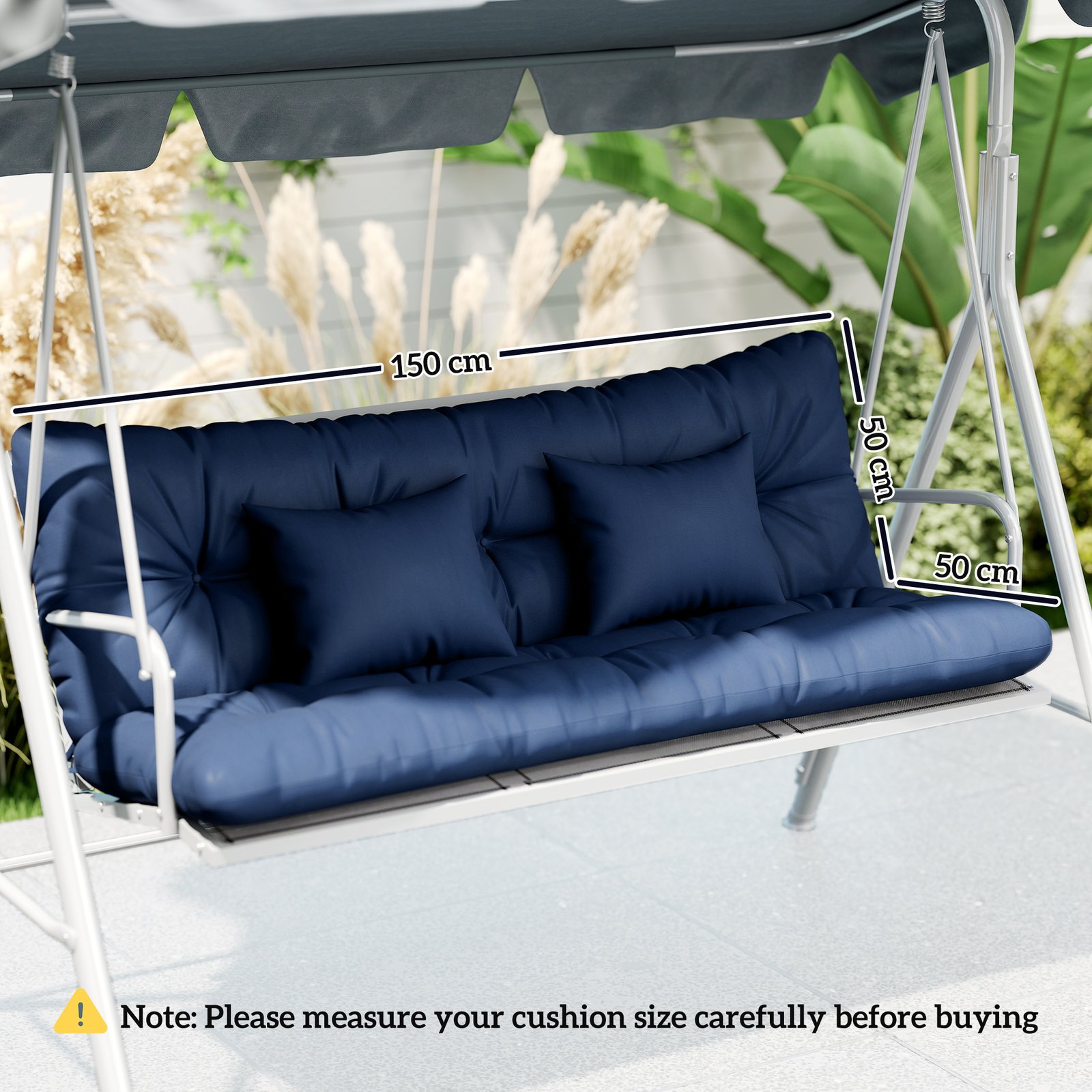 Outsunny Outdoor Seat Cushions Back Cushion with 2 Pillows, Water Repellent Seat Pads for 3-Seater Chair, Dark Blue - Image 3