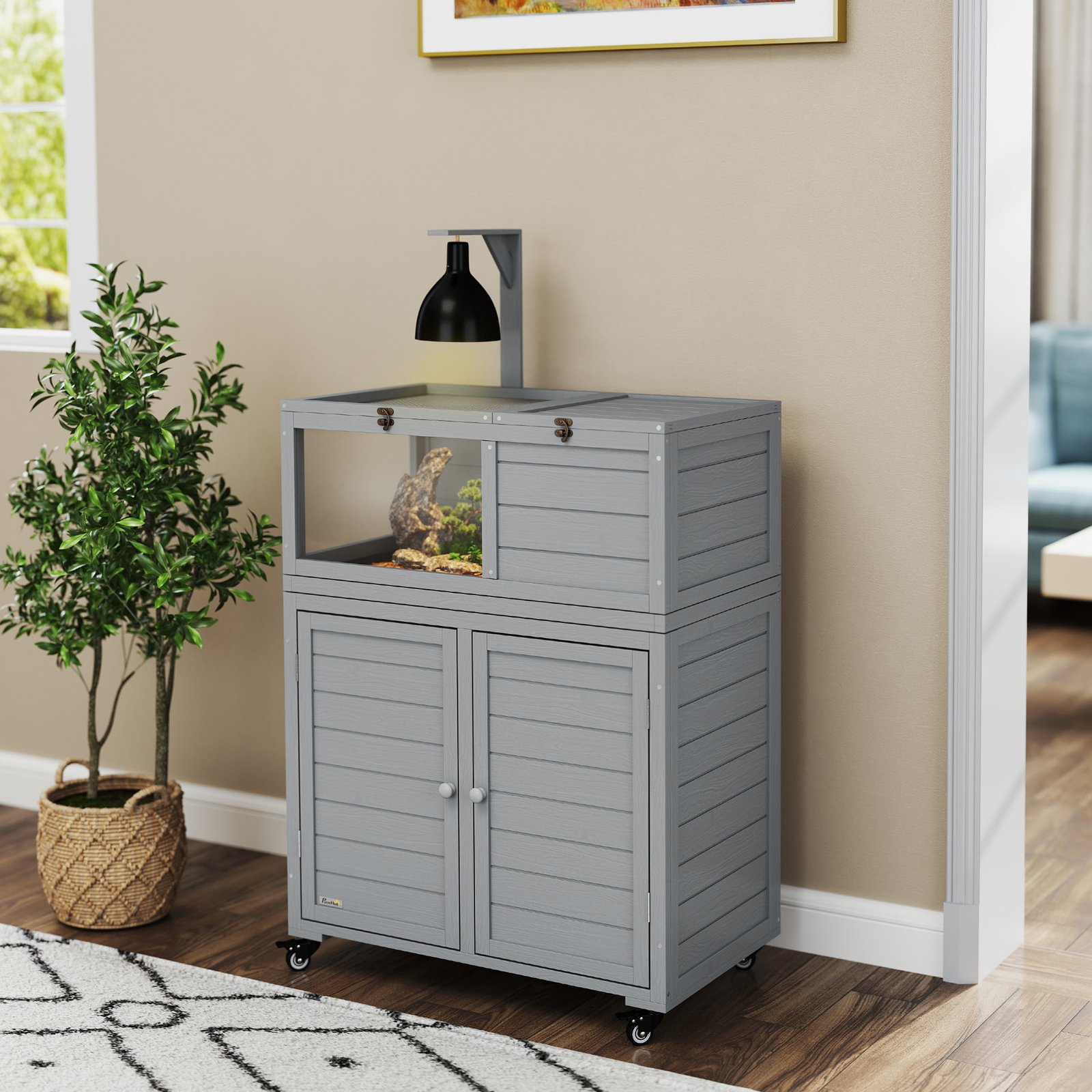 PawHut Wooden Tortoise House with Storage Cabinet, Openable Top, Lamp Holder, Windows, Light Grey - Image 2