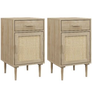 HOMCOM Bedside Tables Set of 2, Rattan Side Tables with Drawer, Cabinet and Adjustable Shelf, Boho Bedside Cabinets with Storage for Bedroom, Living Room, Natural Wood Finish