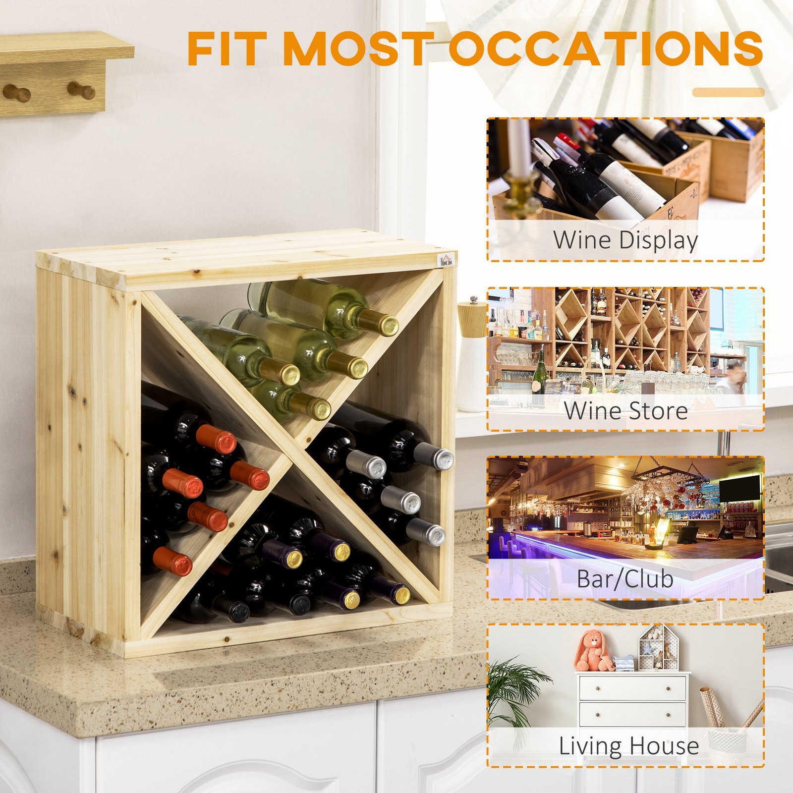HOMCOM Set of 2 Wooden Wine Rack, X-Shaped Square Tabletop Storage Holder for 24 Bottle, Natural Wood - Image 6