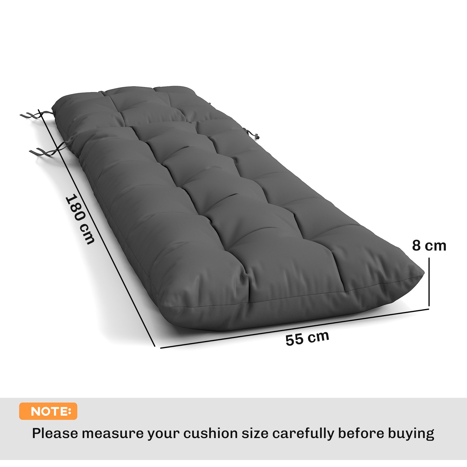 Outsunny Sun Lounger Cushions Only, Garden Lounge Chair Cushions Set of 2, Sunbed Replacement Pads with 4 Ties, Dark Grey - Image 3