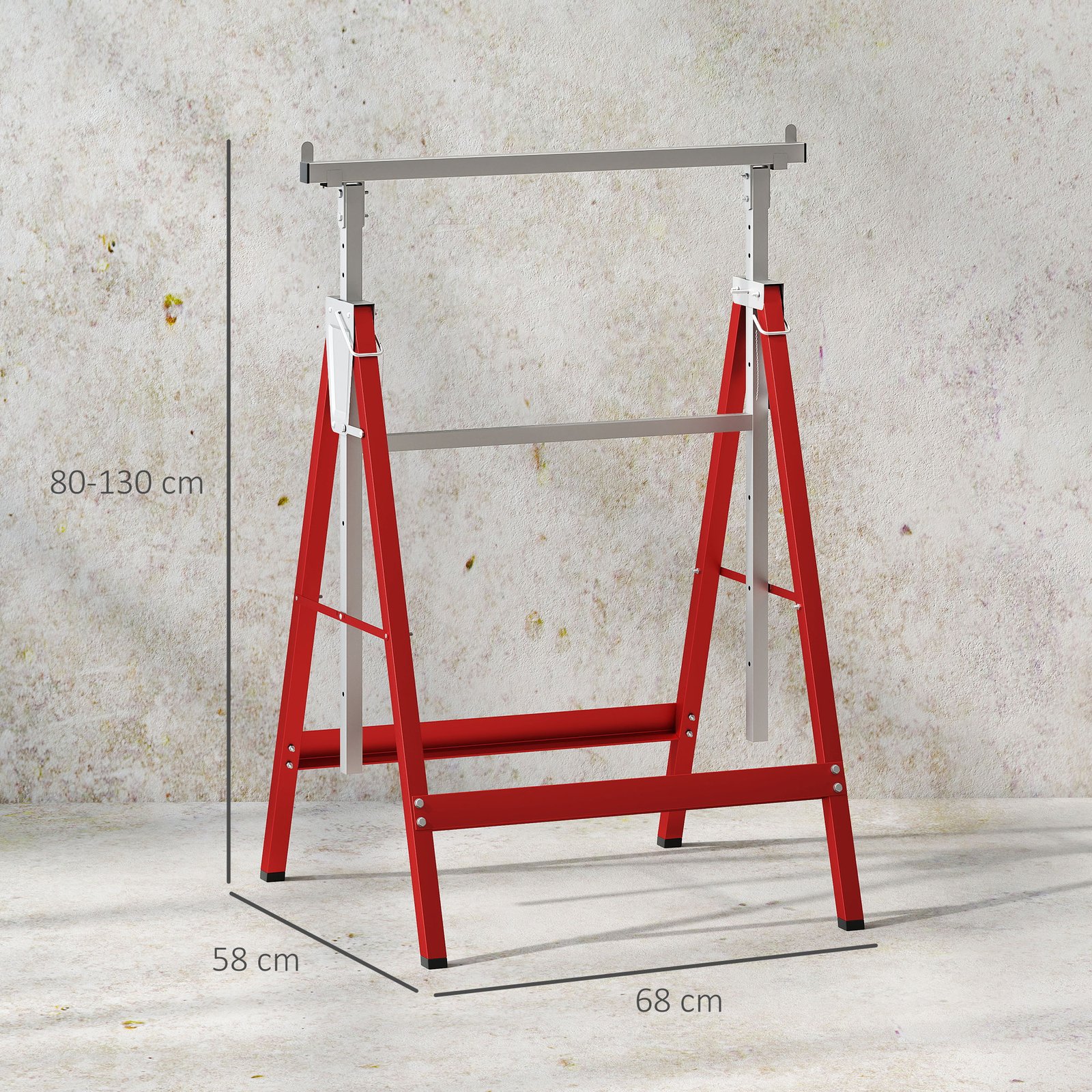 HOMCOM Set of 2 Adjustable Telescopic Builders Trestle, DIY Steel Work Bench Carpenter, Folding Saw Horse Tools Red - Image 3