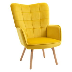 HOMCOM Modern Accent Chair, Upholstered High Back Armchair with Tufted Wingback, Seat Padding, Velvet Leisure Lounge Bedroom Chair with Wood Legs, Yellow
