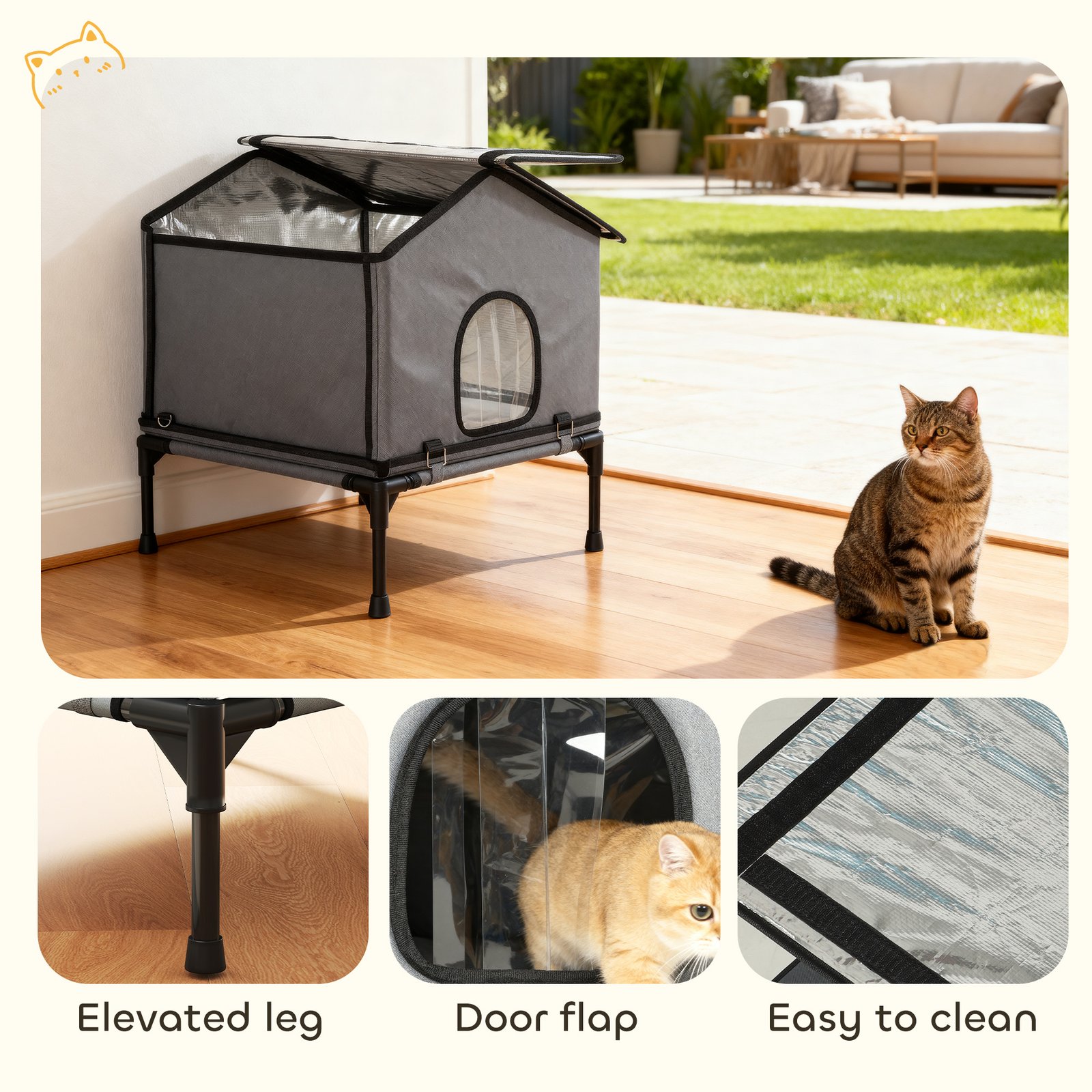 PawHut Outdoor Cat House, Waterproof Insulated Cat Kennel with Elevated Base, Foldable Feral Kitty Shelter for Kittens, Grey - Image 8