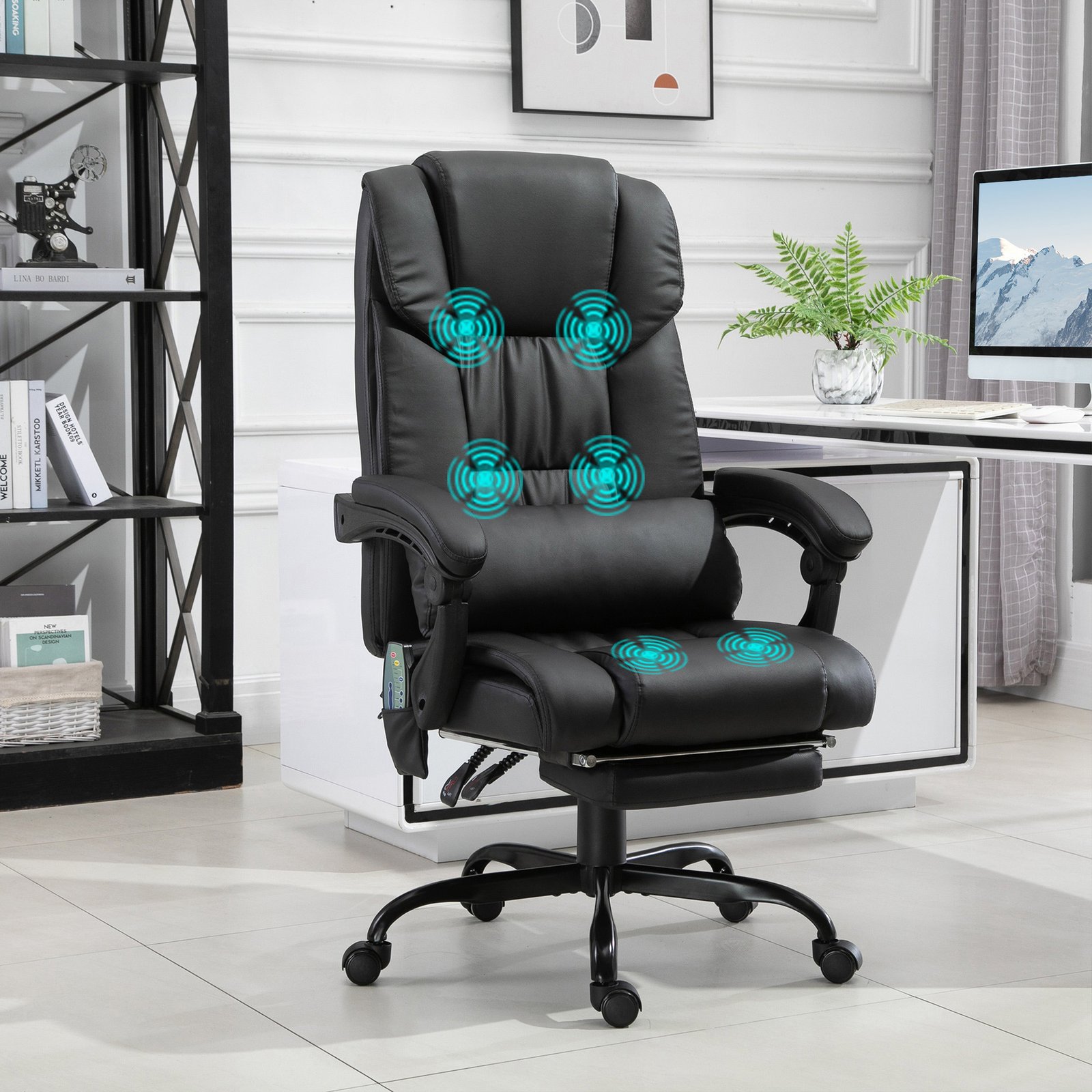 Vinsetto 6-Point Massage Office Chair, PU Leather Desk Chair with Adjustable Height and Footrest for Home Office, Black - Image 2