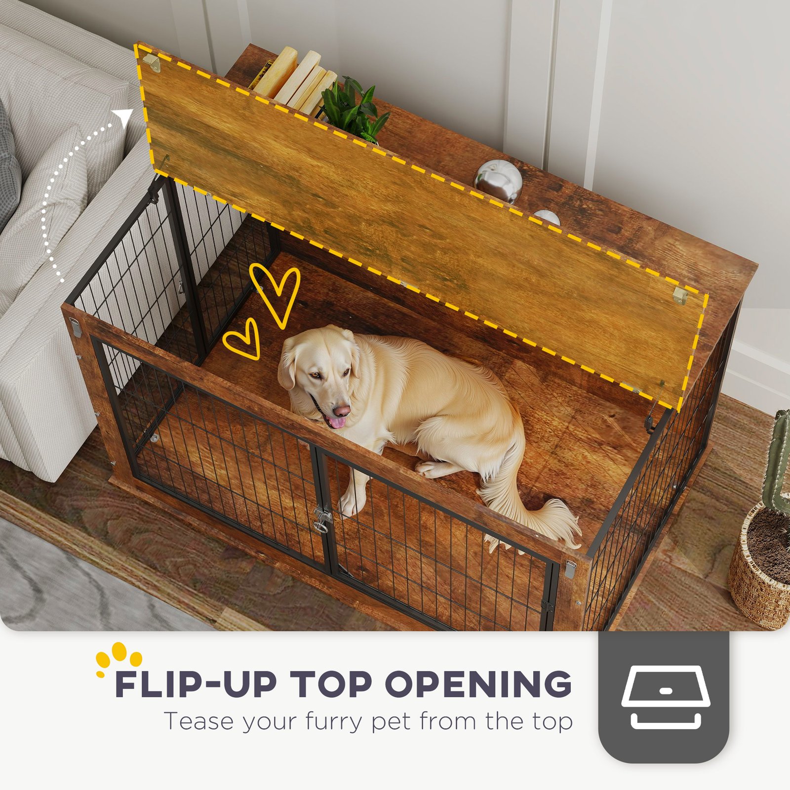 PawHut 46.46'' Dog Crate Furniture with Openable Top, Two Lockable Doors, for Extra Large Dogs, Rustic Brown - Image 5