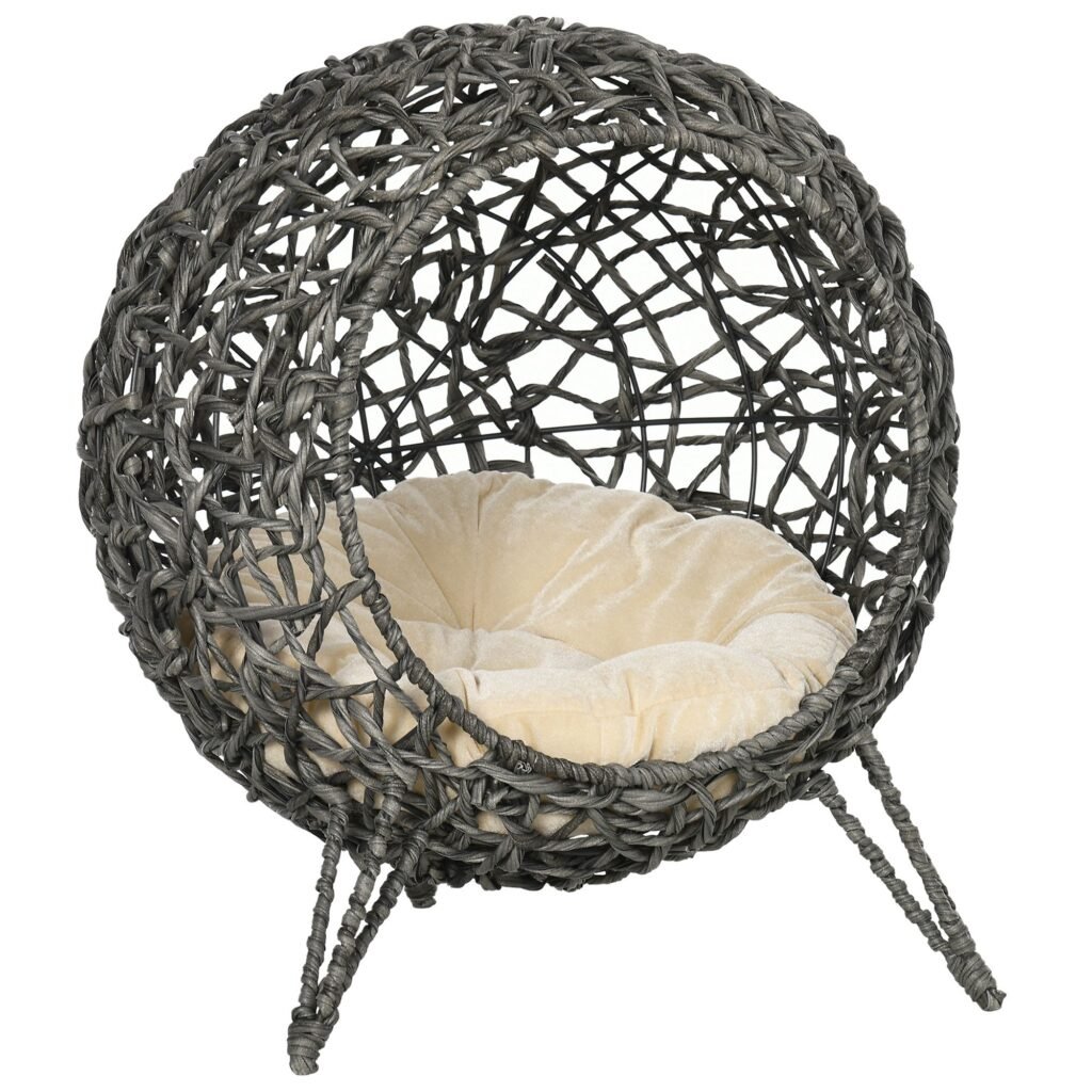 PawHut Rattan Elevated Cat Bed House Kitten Basket Ball Shaped Pet Furniture w/ Removable Cushion – Silver-Tone and Grey PawHut Rattan Elevated Cat Bed House Kitten Basket Ball Shaped Pet Furniture w/ Removable Cushion – Silver-Tone and Grey