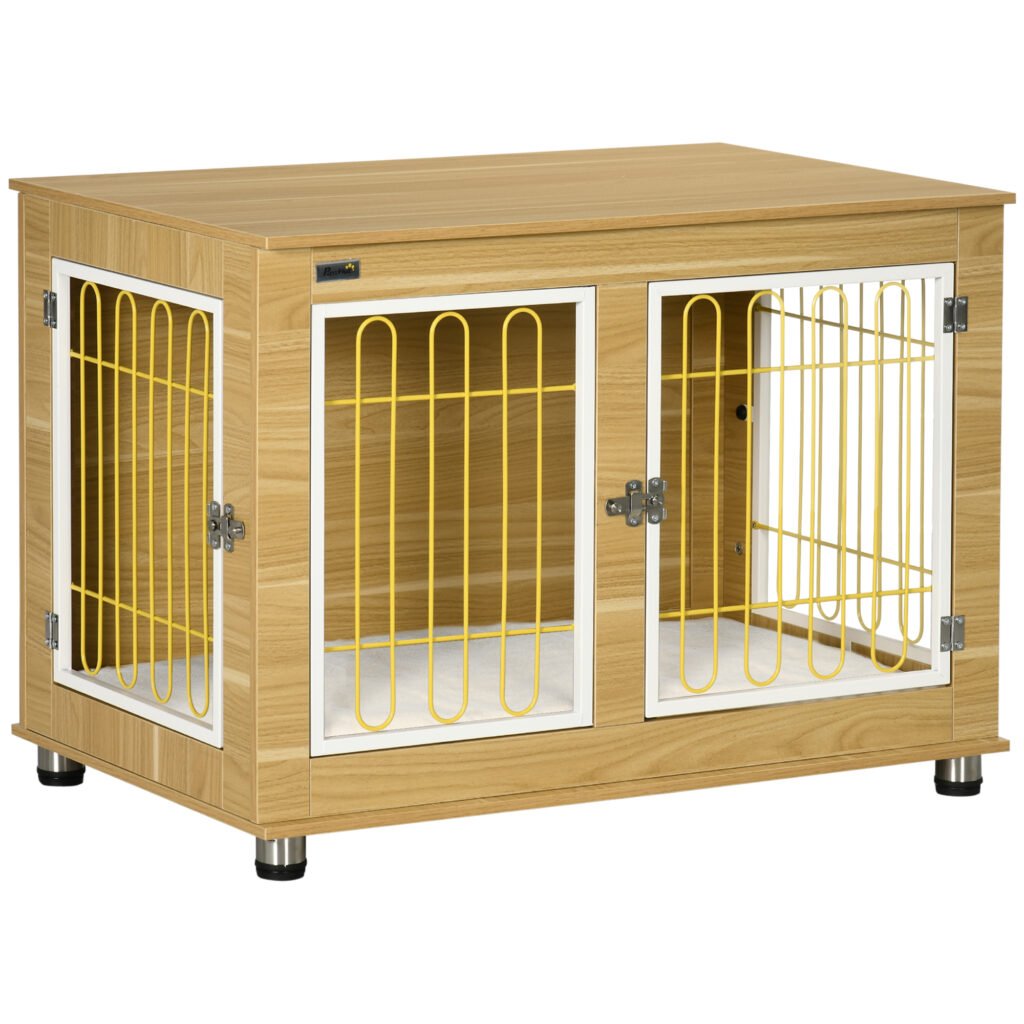 PawHut Dog Crate Furniture, Dog Cage End Table. with Soft Cushion, Double Door – Oak Tone