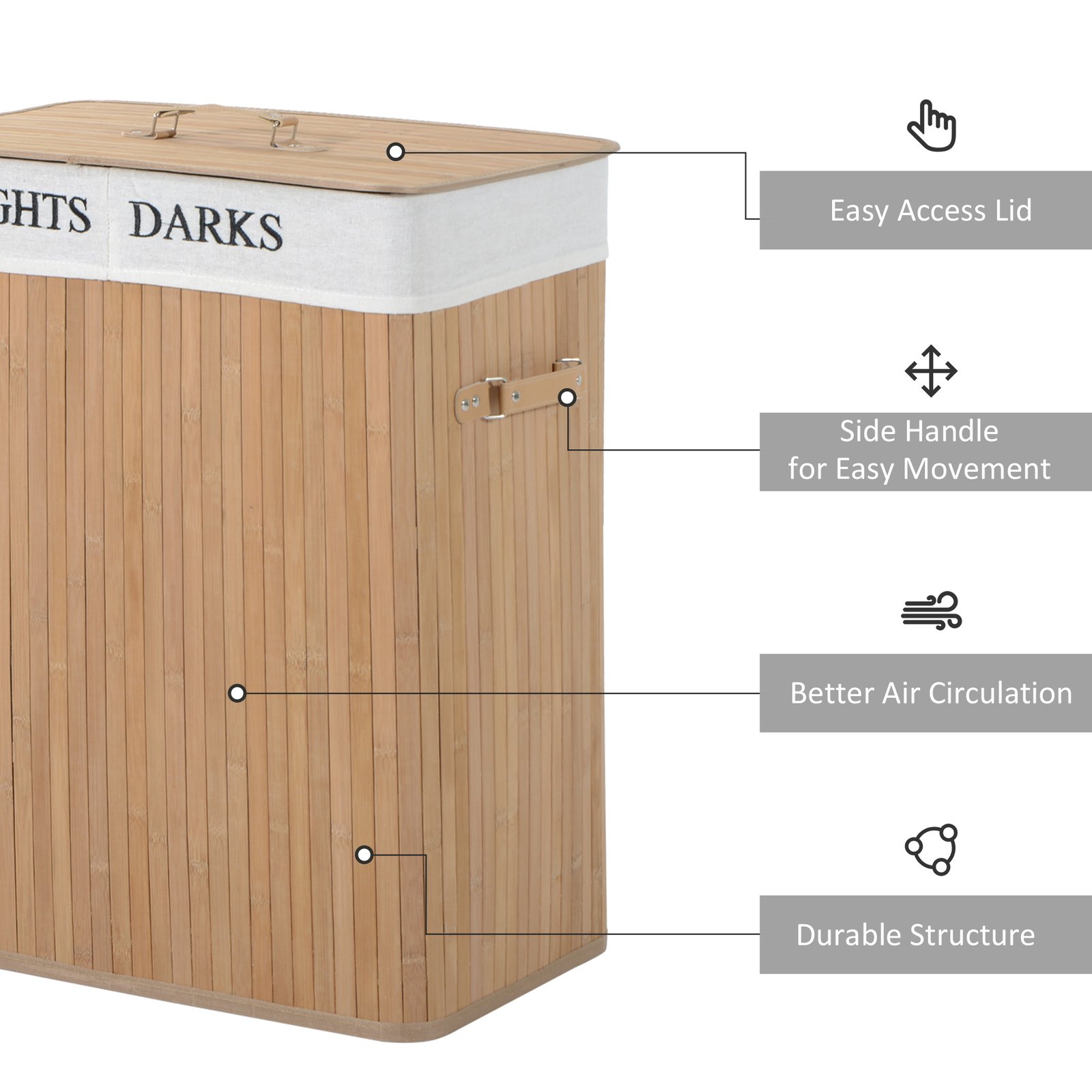 HOMCOM 100L Collapsible Natural Wood Laundry Hamper Organizer Clothes Washing Basket Bin Storage Box w/Lid Removable Lining 52x32x63cm, Wood Color - Image 5