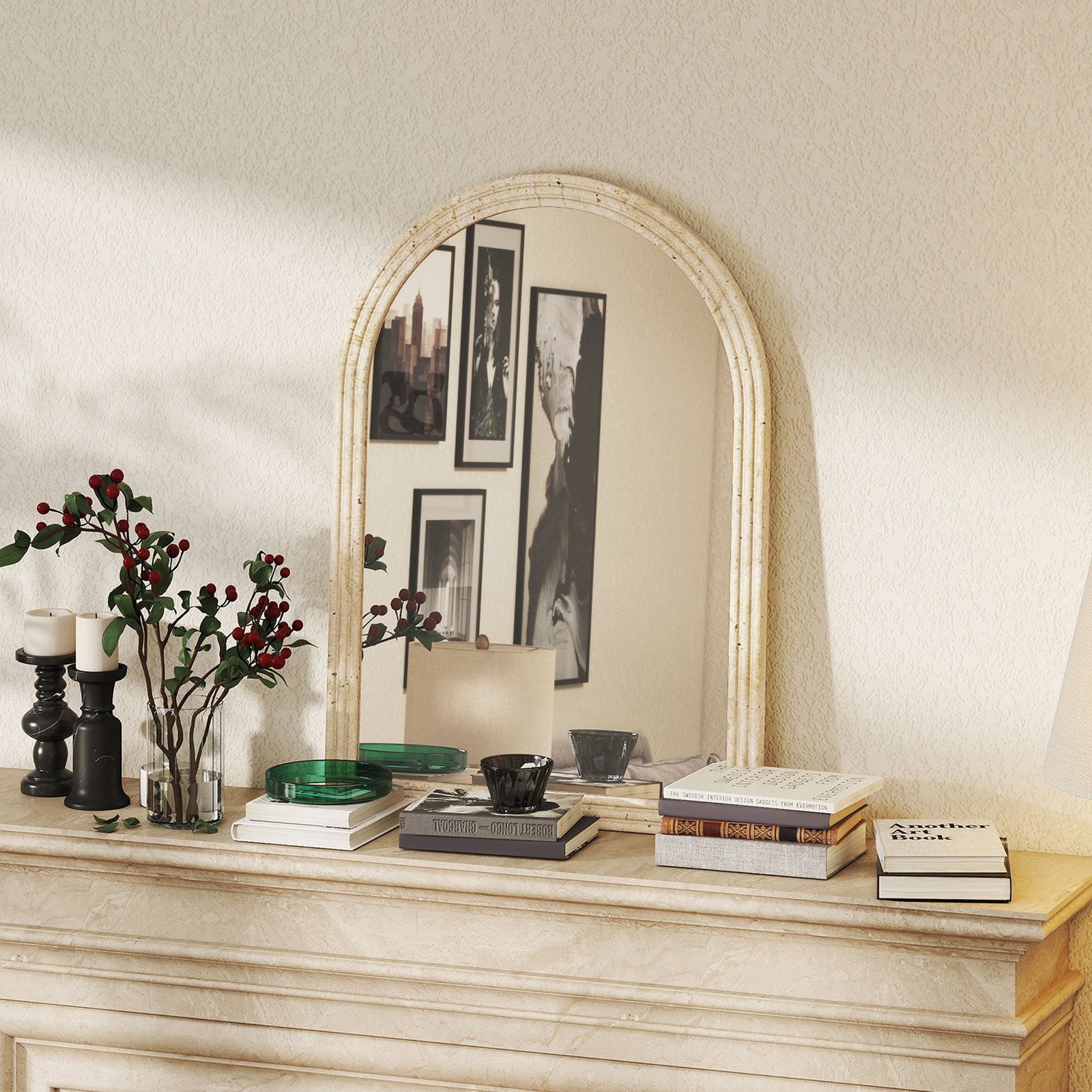 HOMCOM Arched Wall Mirror with Grooved Edge & Hooks, Wall-Mounted Mirror, Modern Tempered Glass & Polystyrene Beige - Image 8