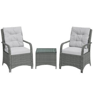 Outsunny 3 Pieces Rattan Bistro Set, Wicker Garden Furniture Set with Metal Frame, Cover, Glass Top Coffee Table, Light Grey