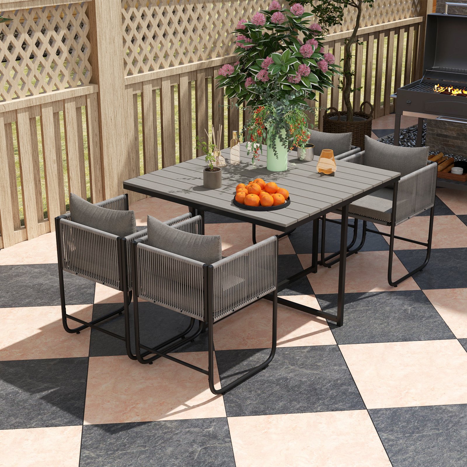 Outsunny 4 Seater Rattan Cube Garden Furniture Set, Rattan Dining Set with Cushions, Outdoor Dining Table and Chairs with Rectangular Wood Grain Plastic Top Table for Patio, Balcony, Grey - Image 8