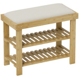 HOMCOM Bamboo Shoe Storage Bench, 3-Tier Shoe Bench with Seat Cushion, Shoe Rack for Entryway, Hallway, Living Room, Bedroom, Cream White