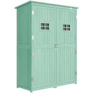 Outsunny Wooden Garden Shed with Two Windows, Tool Storage Cabinet, Outdoor Double Door organiser 127.5L x 50W x 164H cm, Green